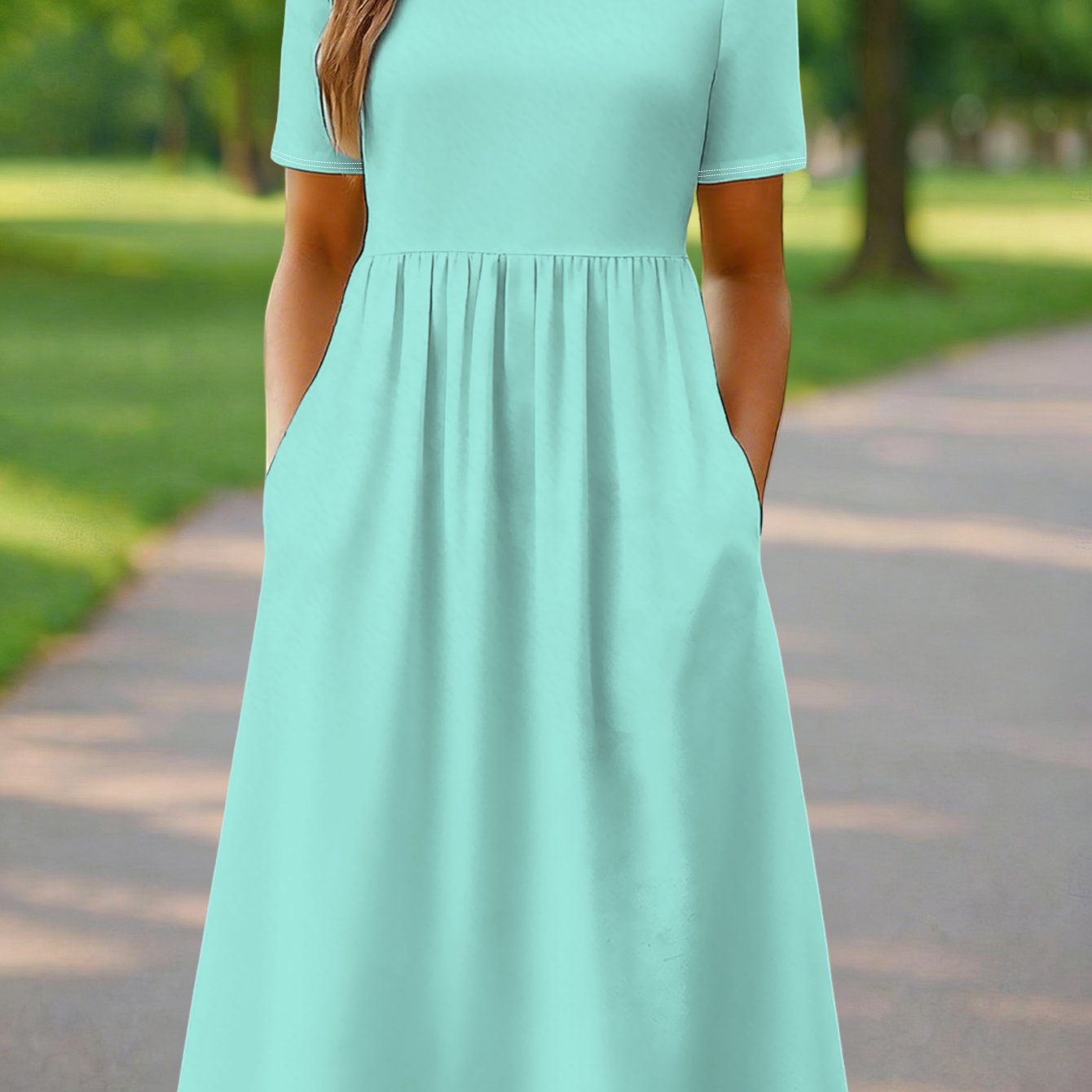 Image of [ Essentials]/summer Women' Blue Solid-color Midi Dress, Short Sleeve Round Neck Pleated Waist Dress With Pockets For , Women's Summer Dresses, Elegant And Sophisticated Women's Dresses, Skirts