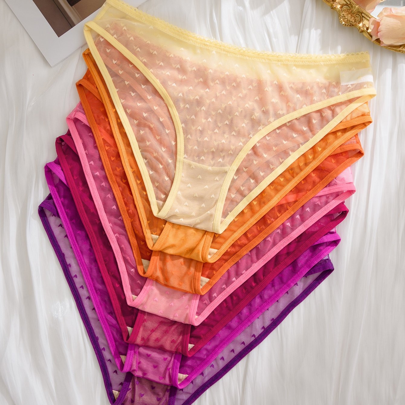 Multi-pack Briefs: 5pcs, 7pcs & 9pcs, Women's Low-rise Panties, Mesh Lace Briefs, Heart Pattern, Lightweight & Breathable, Summer