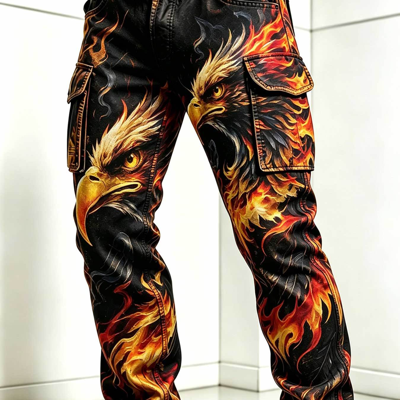 Men's Twill Work Pants With Double Pockets Flaming Eagle Graphic For Casual And Urban Street Activities