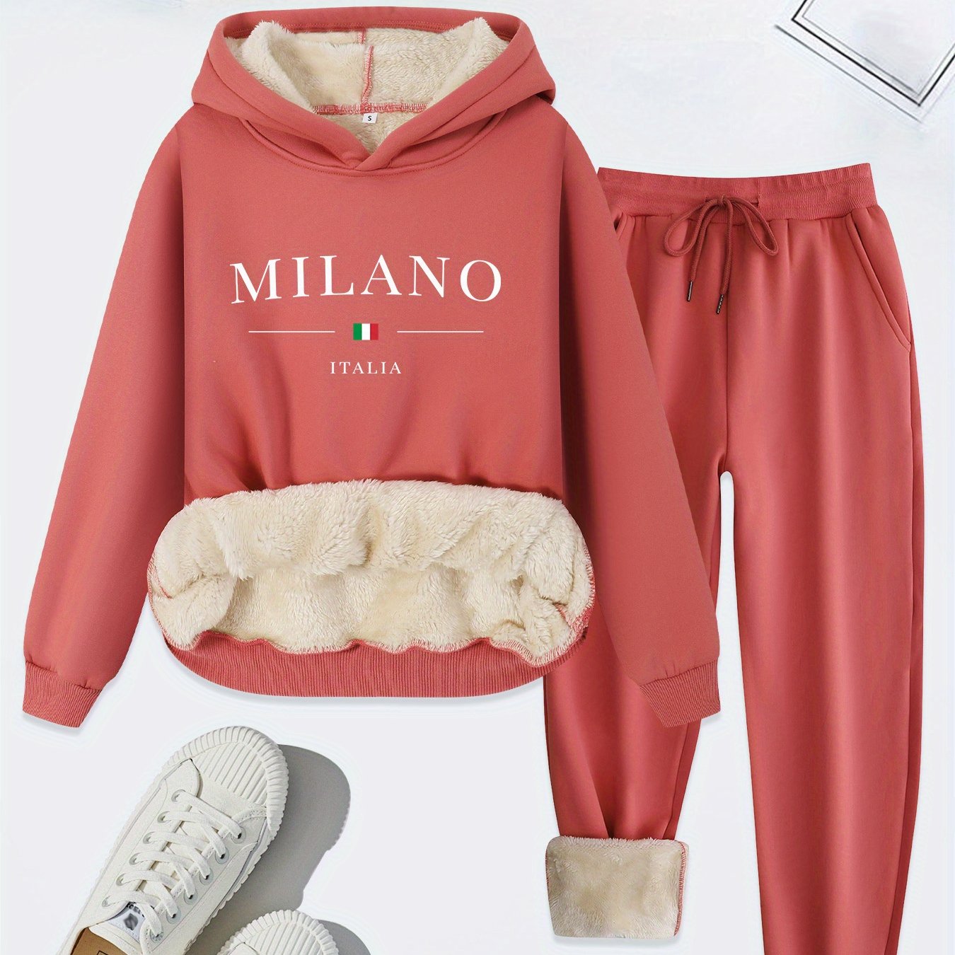 TEMU 2026 New Daily Comfortable Autumn Winter Casual Women's Clothing Text Element Print Fleece Thickened Hooded Sweatshirt And Slant Pocket Pants