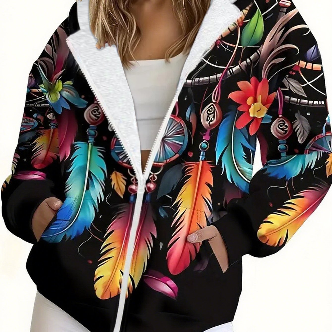 TEMU Plus Size, Autumn And Winter New Colorful And Flower Printed Casual Commuter And Party Women's Jacket With Ethnic Style