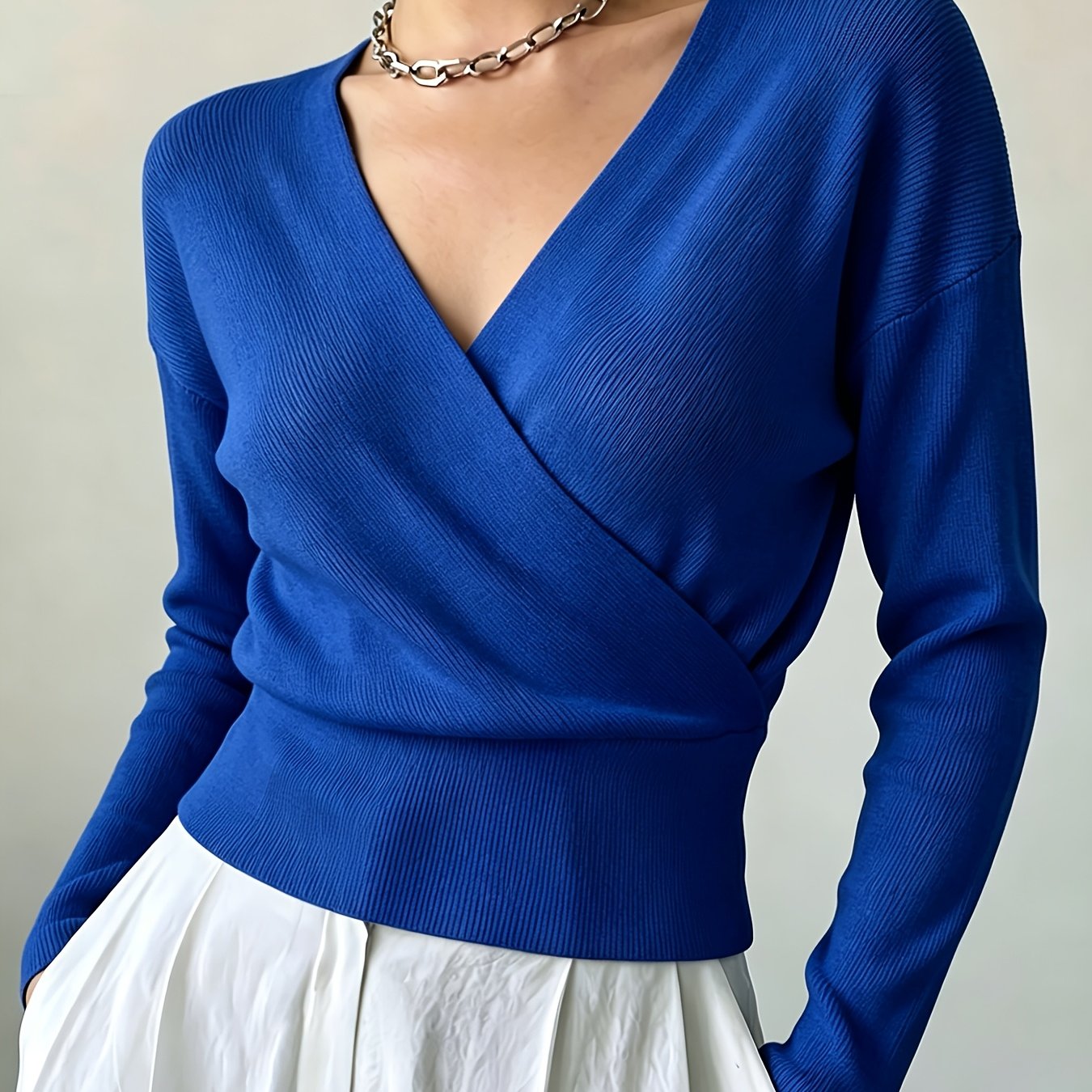 TEMU Women's New Arrivals Ins Autumn/winter Cross-collar Pullover, Elegant Versatile Loose Fit Machine Washable Long-sleeve Knitwear