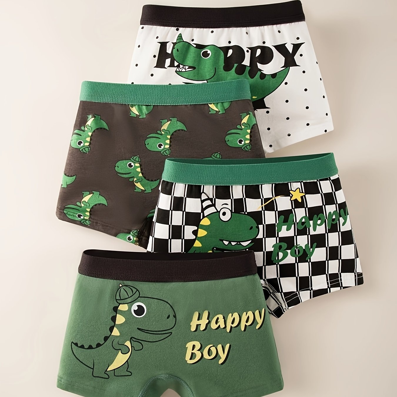 4-pack Boys' Boxer Briefs With Cartoon Dinosaur And Car Patterns