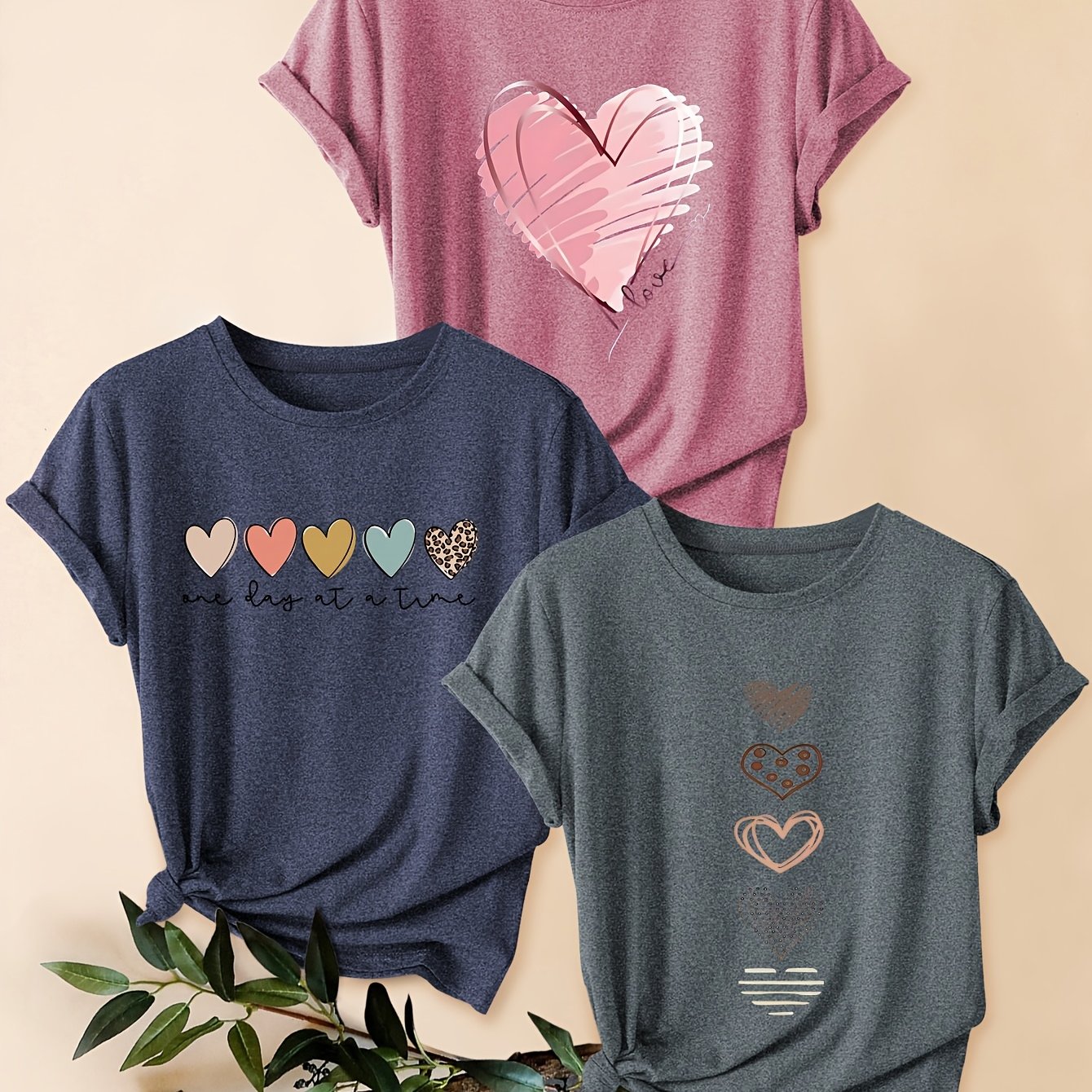 TEMU Three-pack Women's Casual Sporty Style Round Neck Short Sleeve T-shirt With Heart, Letter, Print In Vintage Fashion