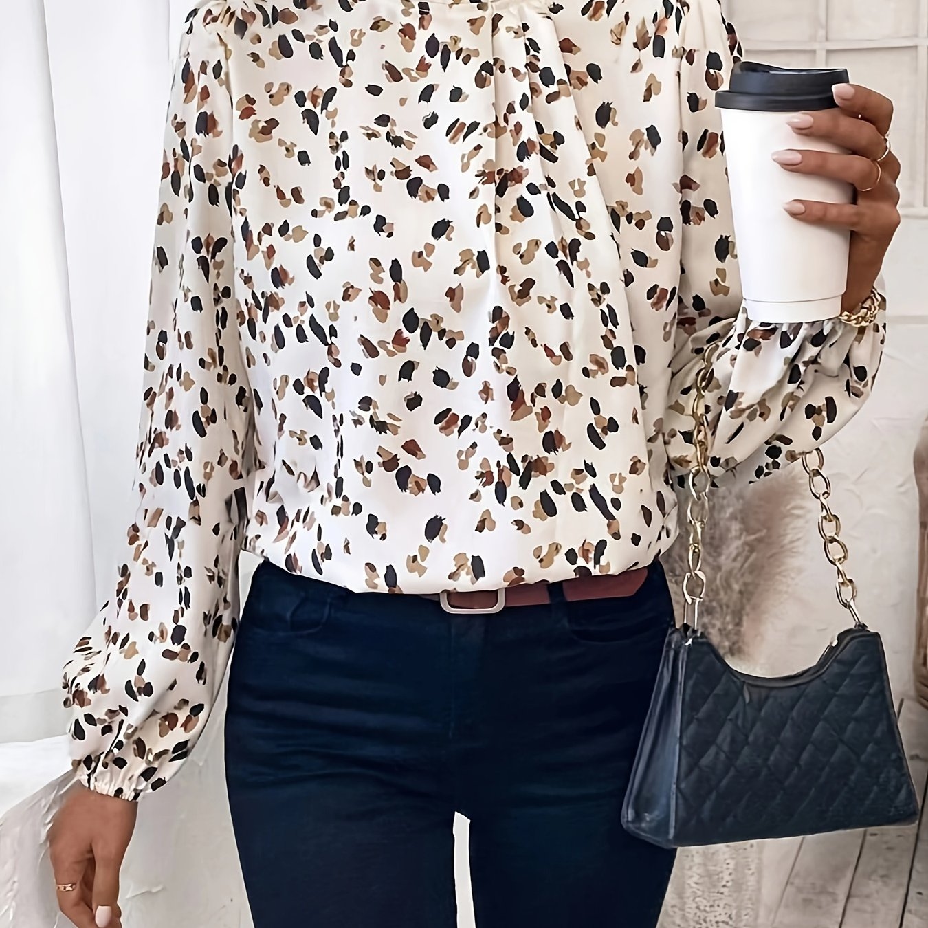 Elegant High Neck Printed Blouse For Women, Polyester Lantern Sleeve Shirt, Woven Adult Top