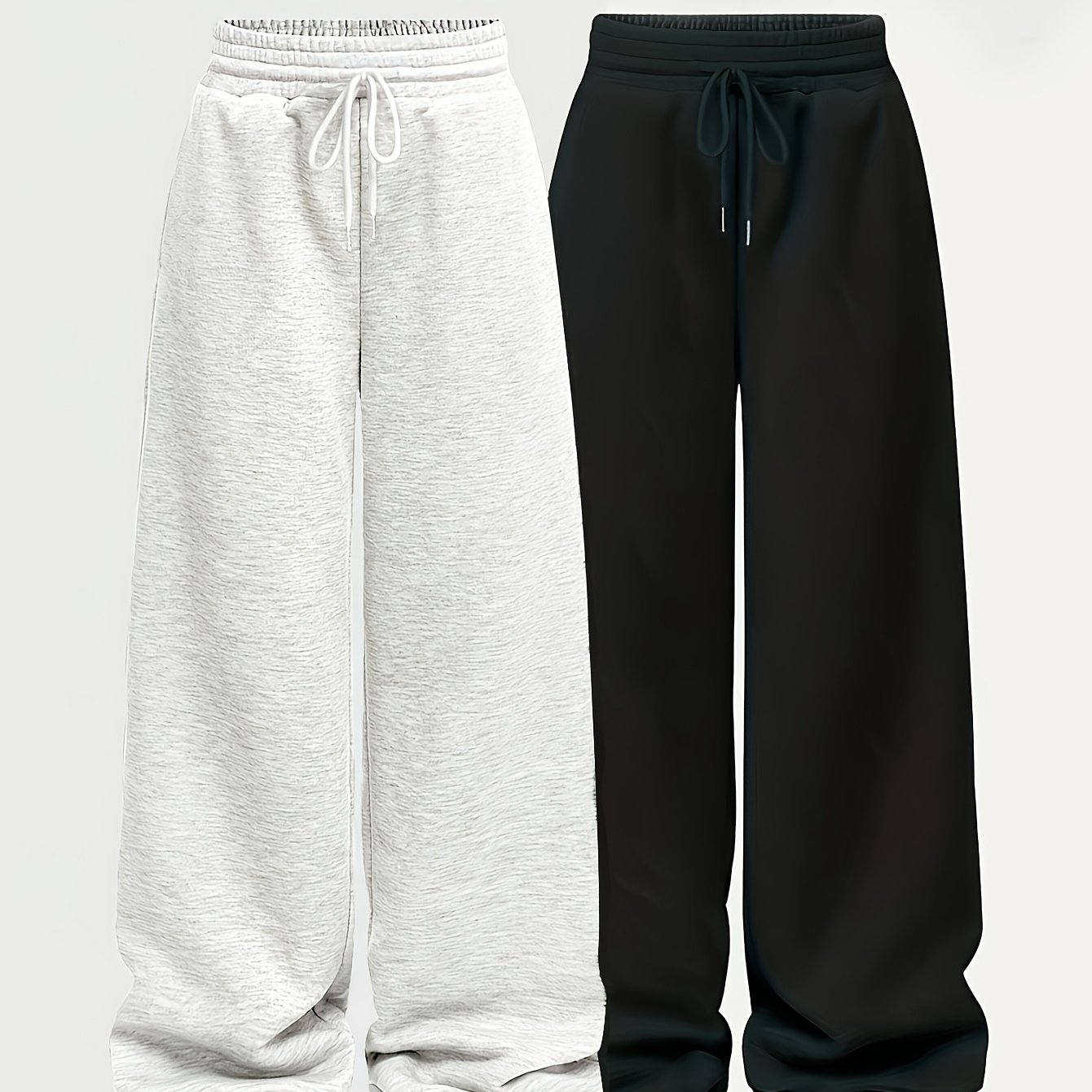TEMU Two-pack Casual Trousers For Women, Spring/summer/autumn Simple Front-tie Loose Fit Sweatpants, Casual Casual Attire, Loose Wide-leg Casual