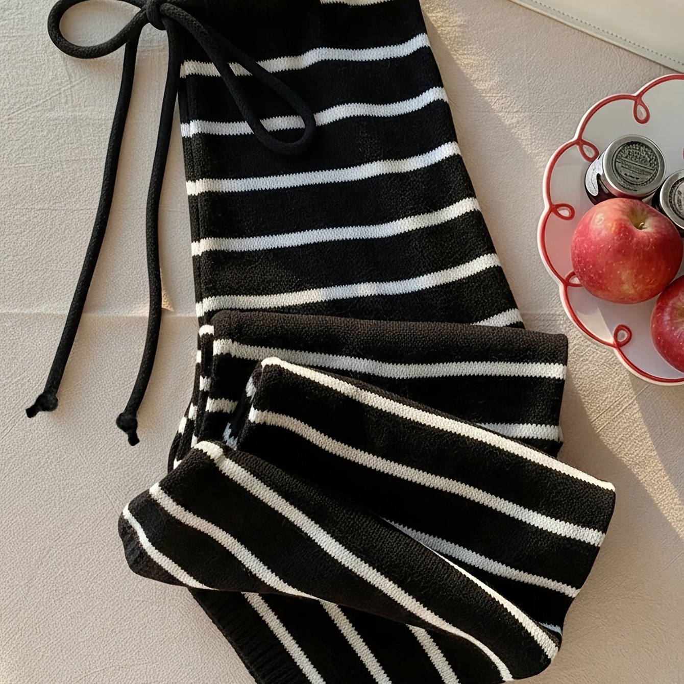 TEMU Women's Casual Black And White Striped Drawstring Waist Trousers Straight Leg Pants, Suitable For Autumn And Winter, Women's Autumn Clothing