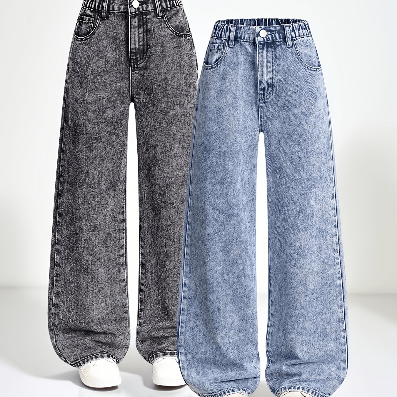 Image of 2pcs Set Of Girls' Versatile Straight Wide-leg Jeans, Suitable For Autumn And And Preppy Style. Girls' Casual Denim Trousers