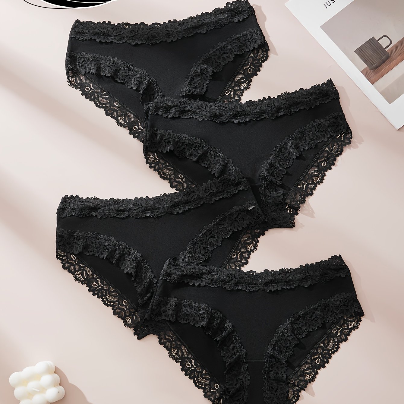 Image of 4pcs Of Lace-trimmed Comfortable And Breathable Triangle Panties, Suitable For , Wearable In , 4 In Black