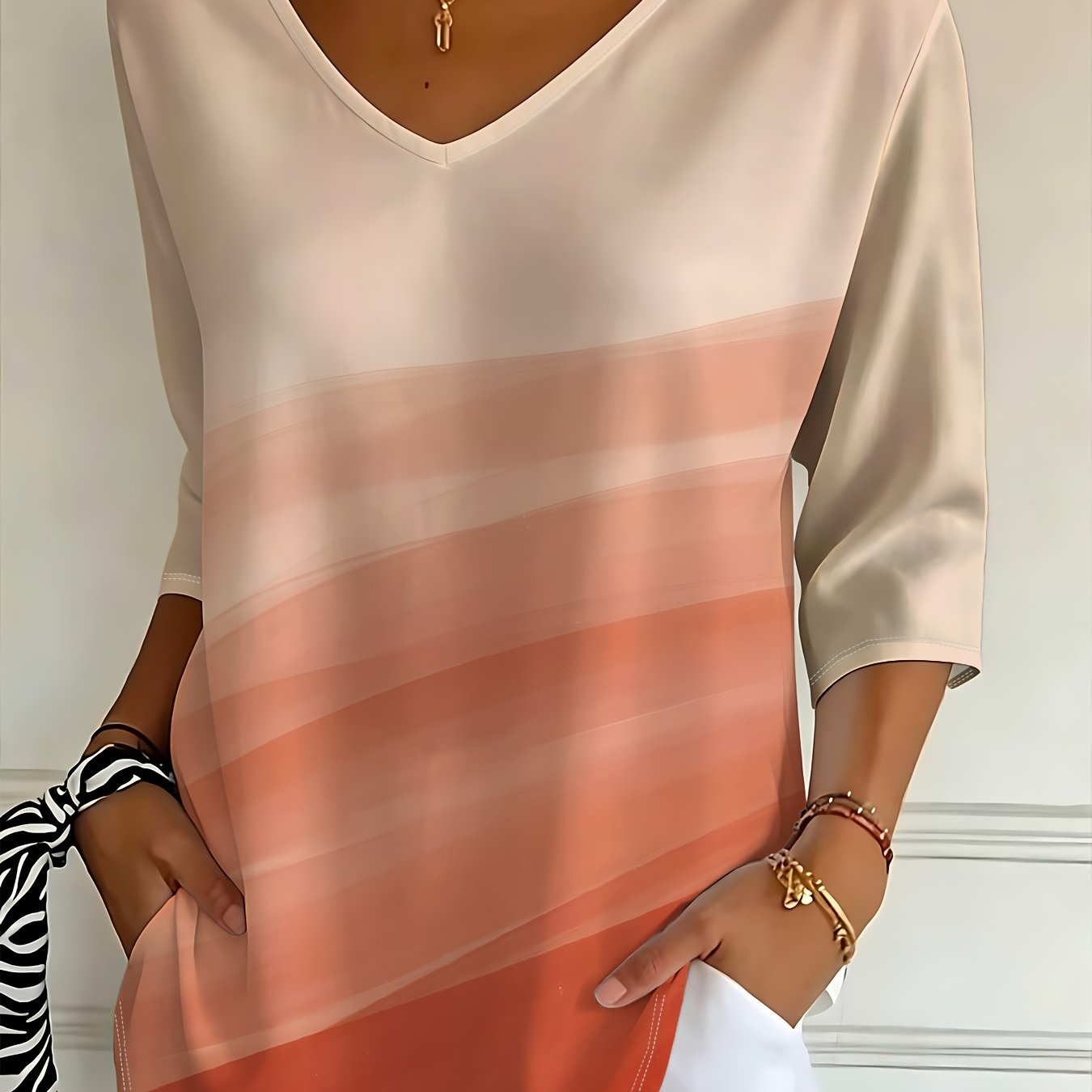 TEMU Ombre V-neck 's Top, Three-quarter Sleeve Design, Comfortable And Breathable All-match Style