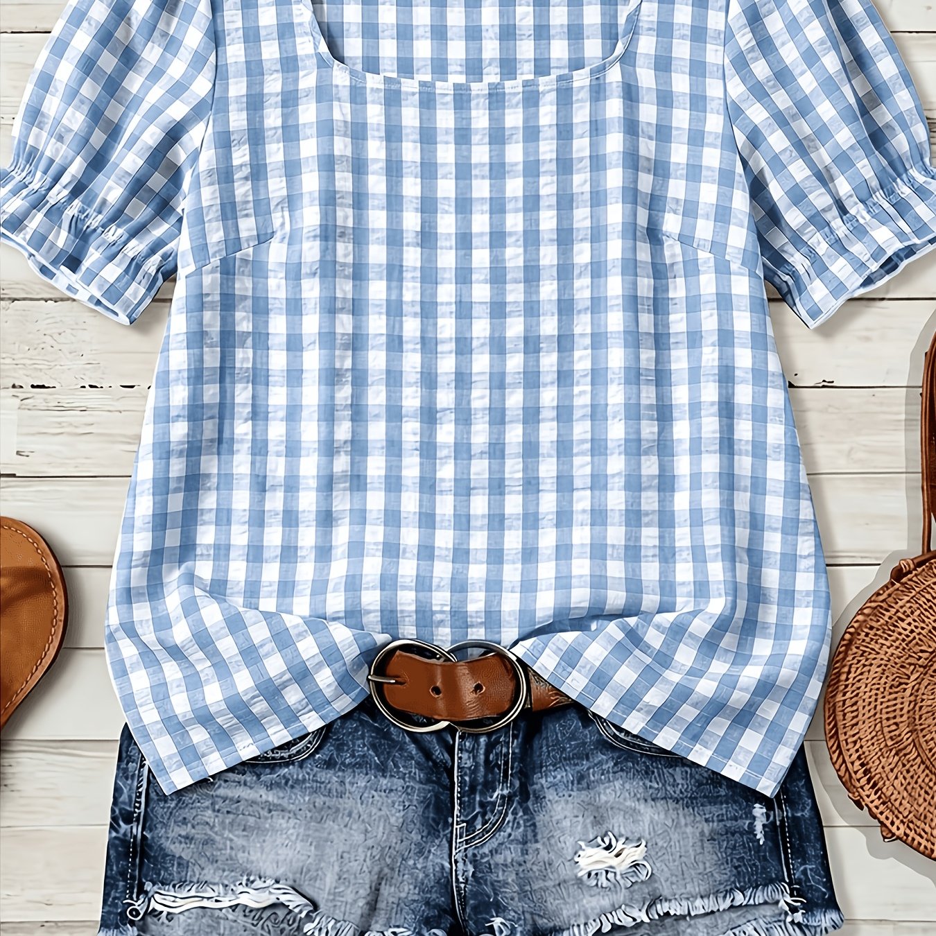 TEMU Plus Size Women's Summer Shirt, Short Sleeve Square Neck Women's Top