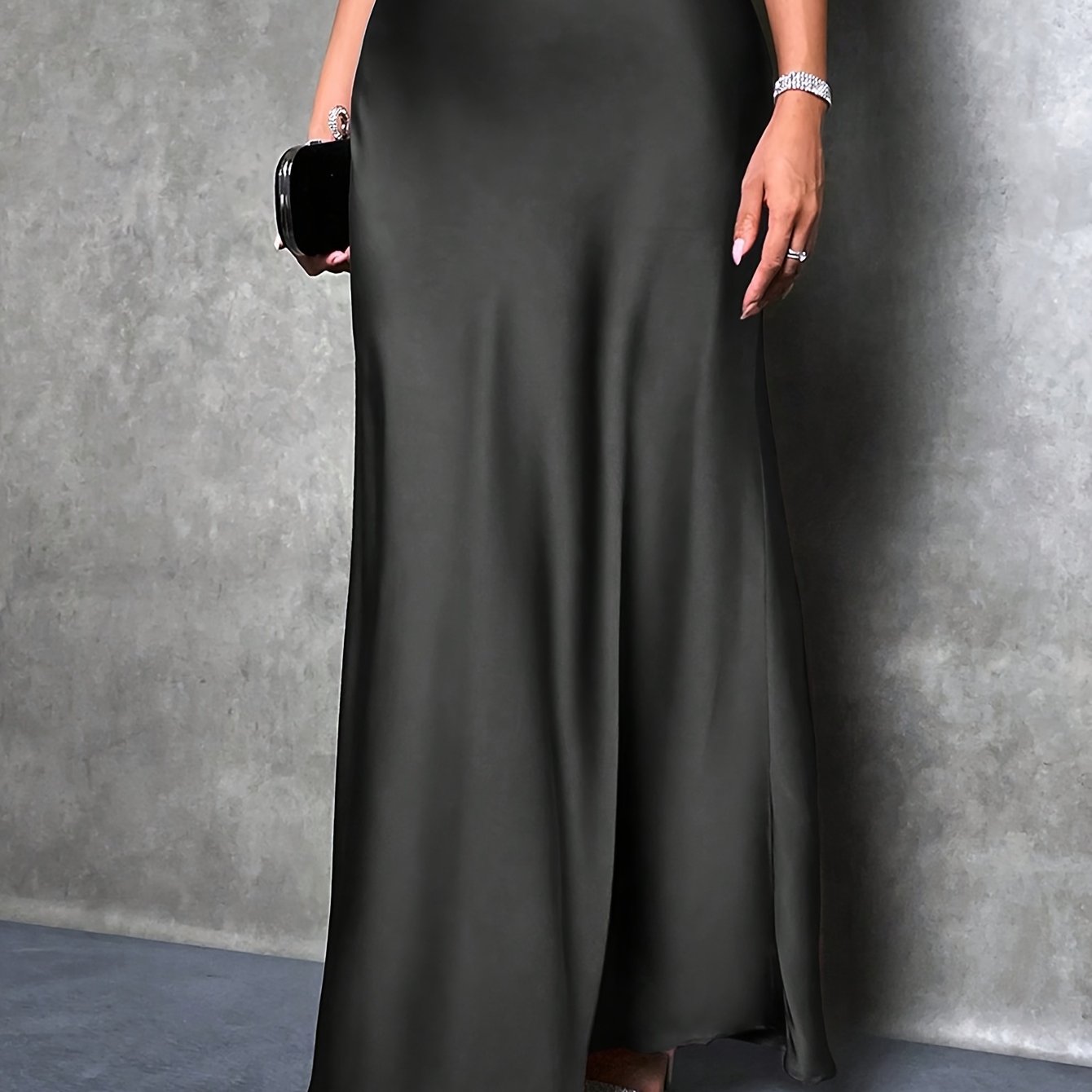 Women's High-waist Solid Color Long Satin Skirt, Suitable For Parties And Gatherings