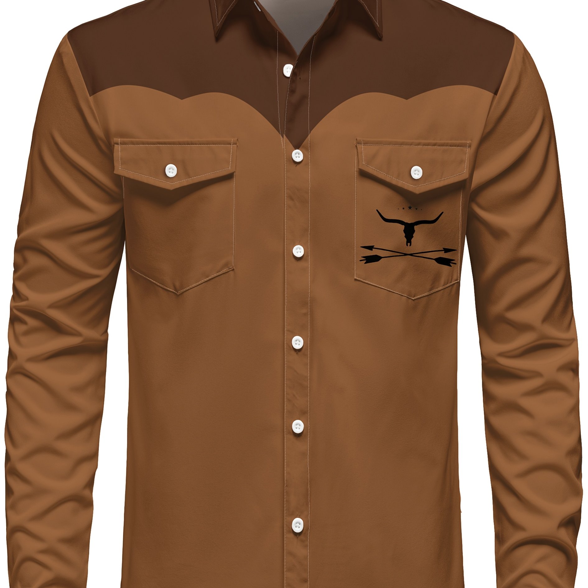 TEMU Chemise à manches longues pour homme, style western rétro cowboy, avec motif tête de , col de travail boutonné à manches longues, motif imprimé,