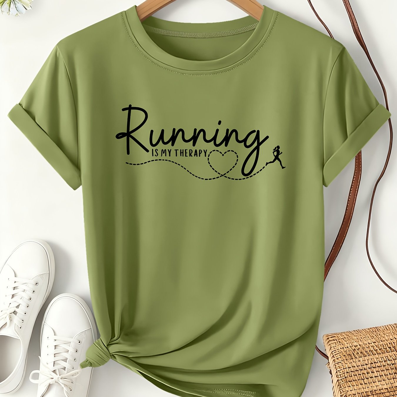 TEMU Running Is My Therapy Printed Women's T-shirt 2026 Spring/summer Sports Style Short Sleeve Fitness Daily Wear Loose Top Fun Slogan Theme Fashion