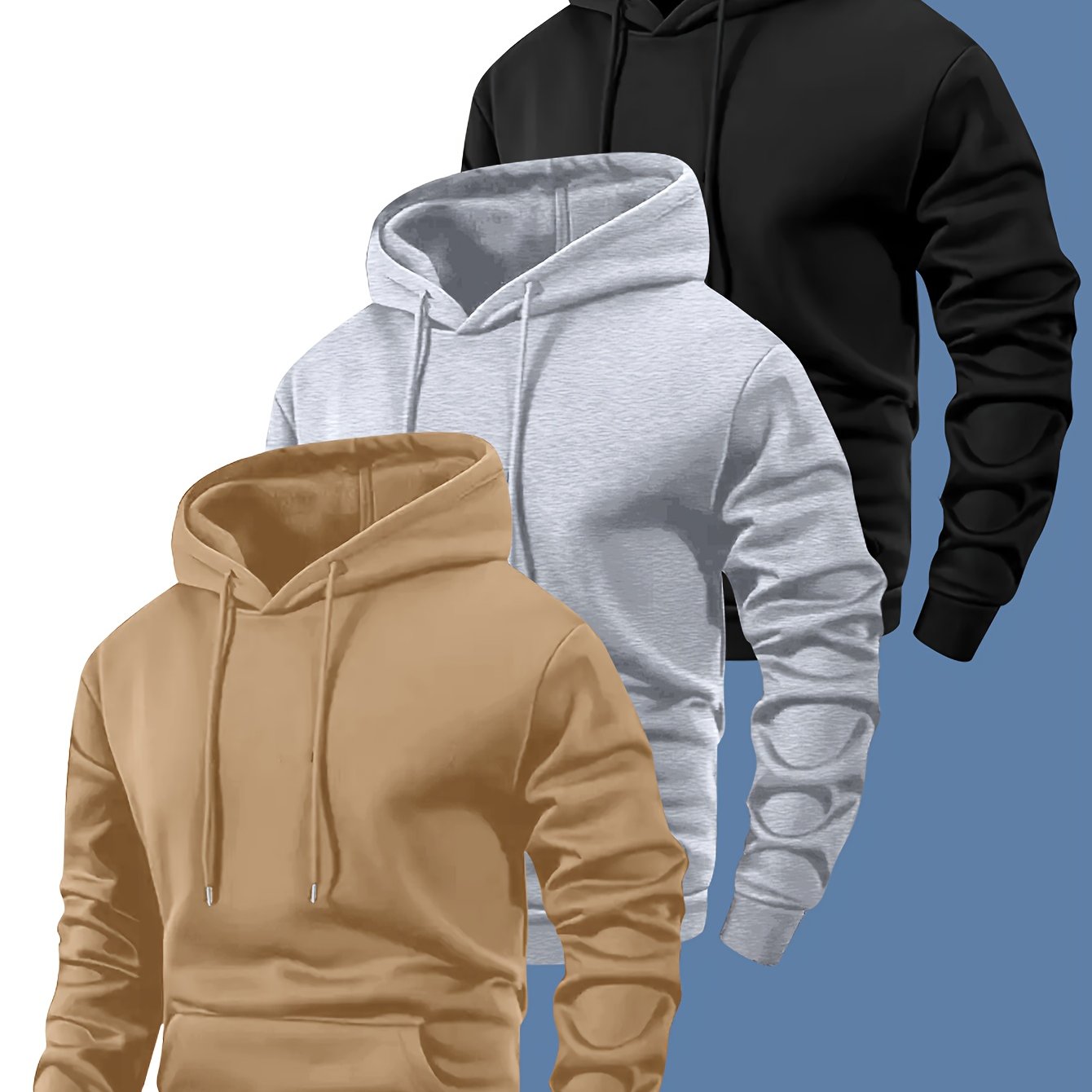 E-shop 3-teiliges Herren-Sweatshirt-Hoodie-Set, Langarm, einfarbiger Pullover-Hoodie mit Kordelzug-Design Kängurutasche, geeignet für modische