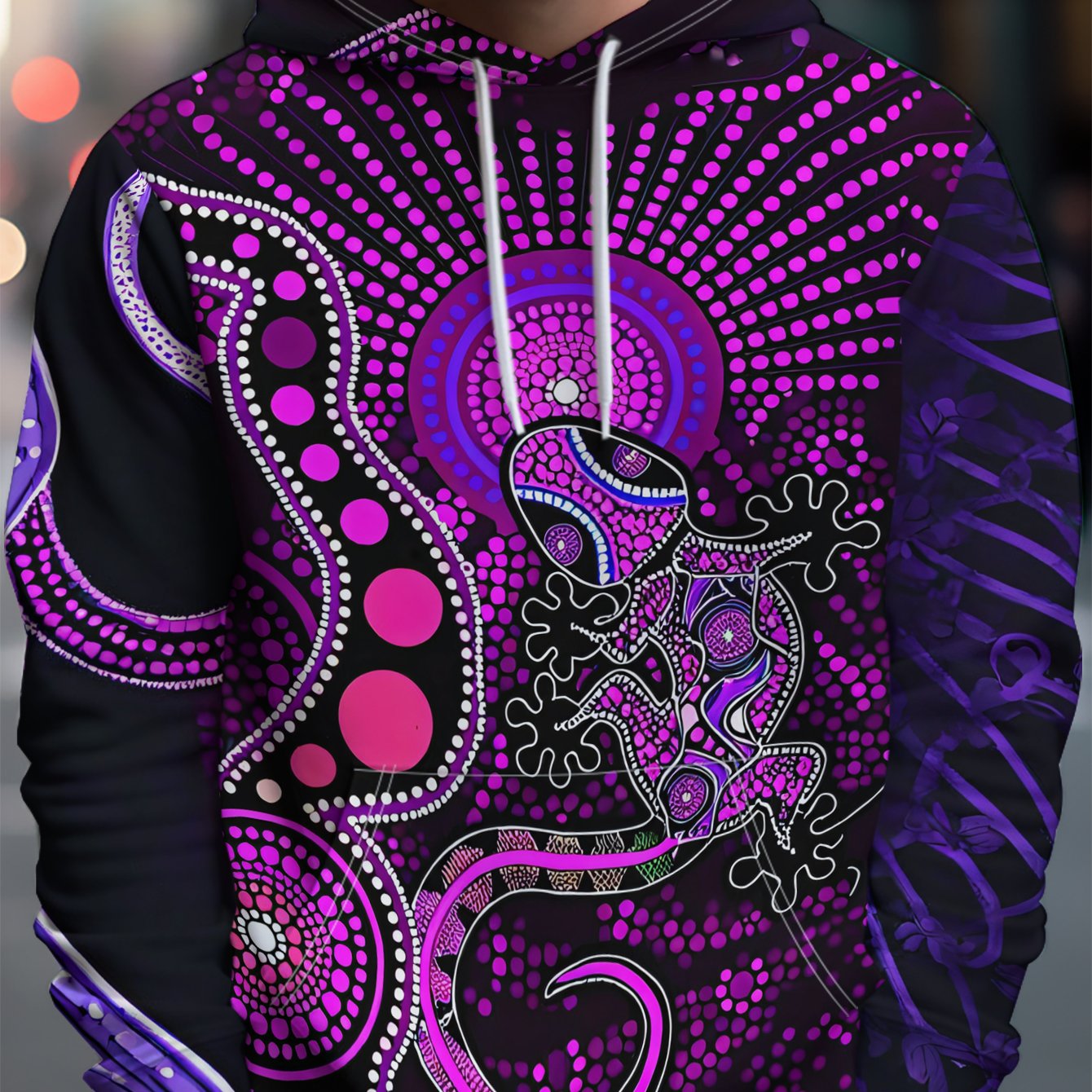 TEMU Men's Fashion Hooded Sweatshirt, Purple Totem Mid-lizard Climbing Vine Versatile Long Sleeve Top, Loose Pullover