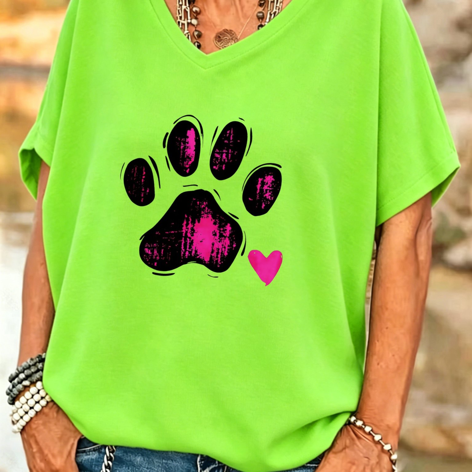 TEMU Plus Size, Plus Size Women V Neck Batwing Sleeve T Shirt Paw Print And Casual Summer Outfit For Pet Lovers