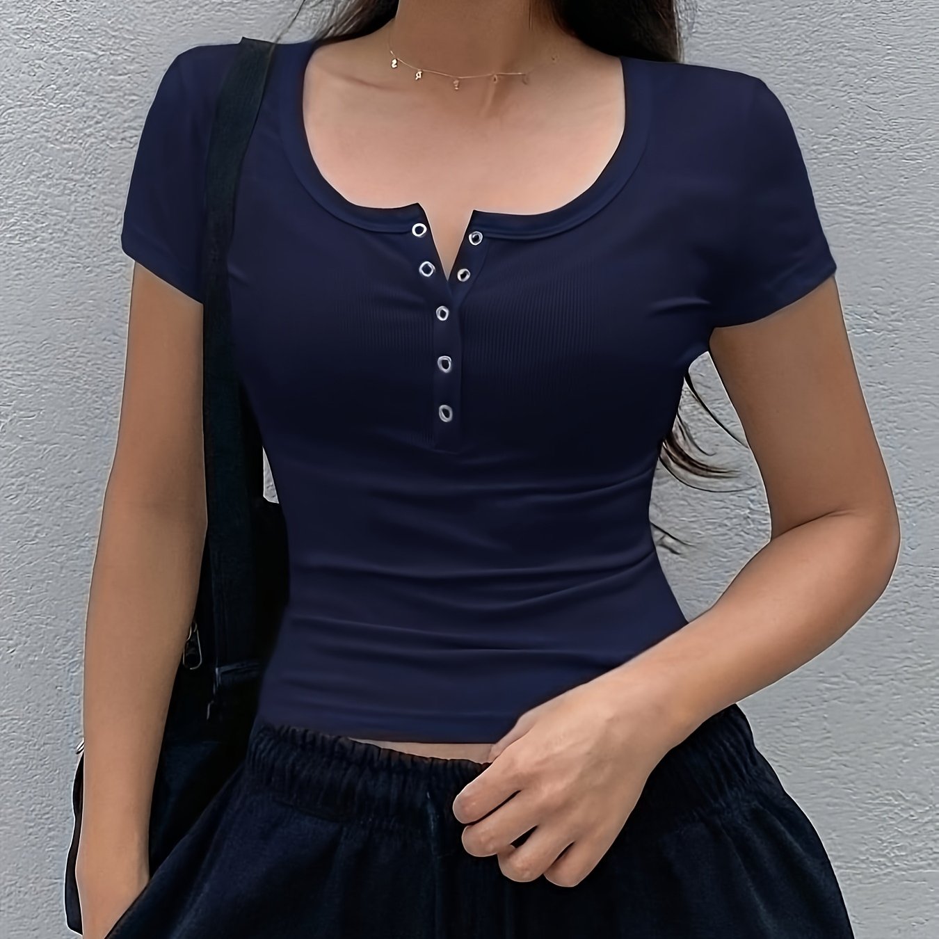 TEMU Women' Color Low-neck Short Sleeve