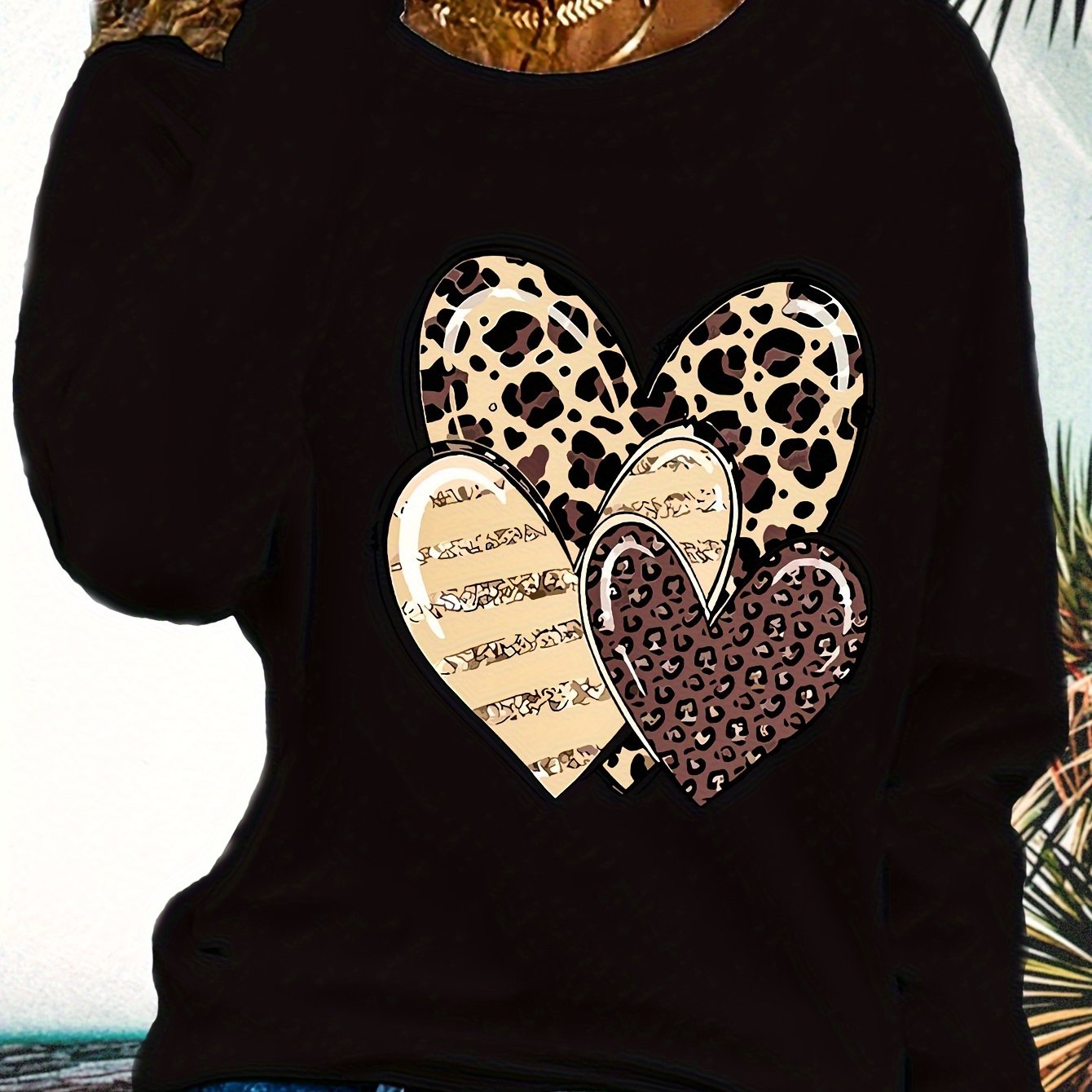 Image of Women's Heavyweight 180gsm Leopard Print & Music Note T-shirt - Long Sleeve Crew Neck Blouse With Heart & Golden-bar Design, Loose Fit Casual Top, Machine Washable For Wear