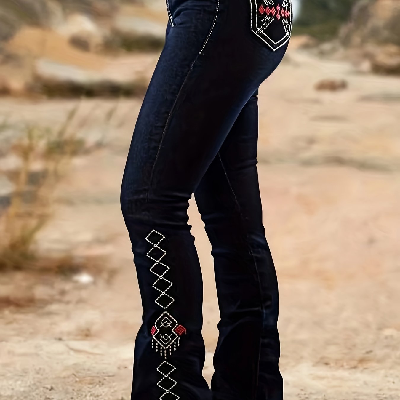 TEMU Hme Autumn/winter New Arrival - Women's Stretch Flared Fashion Pants With Contrast Stitching And Embroidery, Stylish And Elegant Classic Vintage