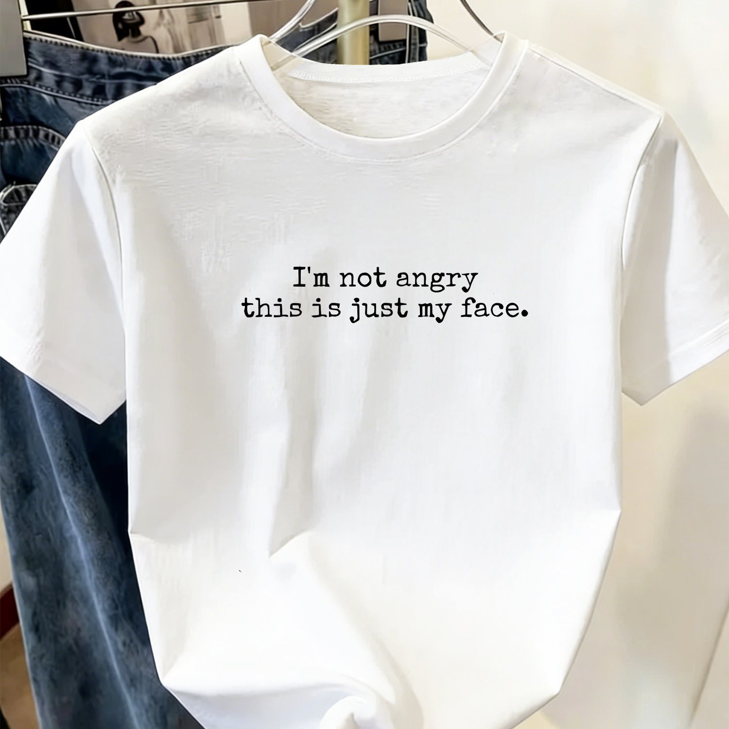 TEMU Women's Self-deprecating T-shirt With The Text " Angry, Face." Simple, Elegant, And Loose-fitting. Soft And Breathable With A Round Neckline. A