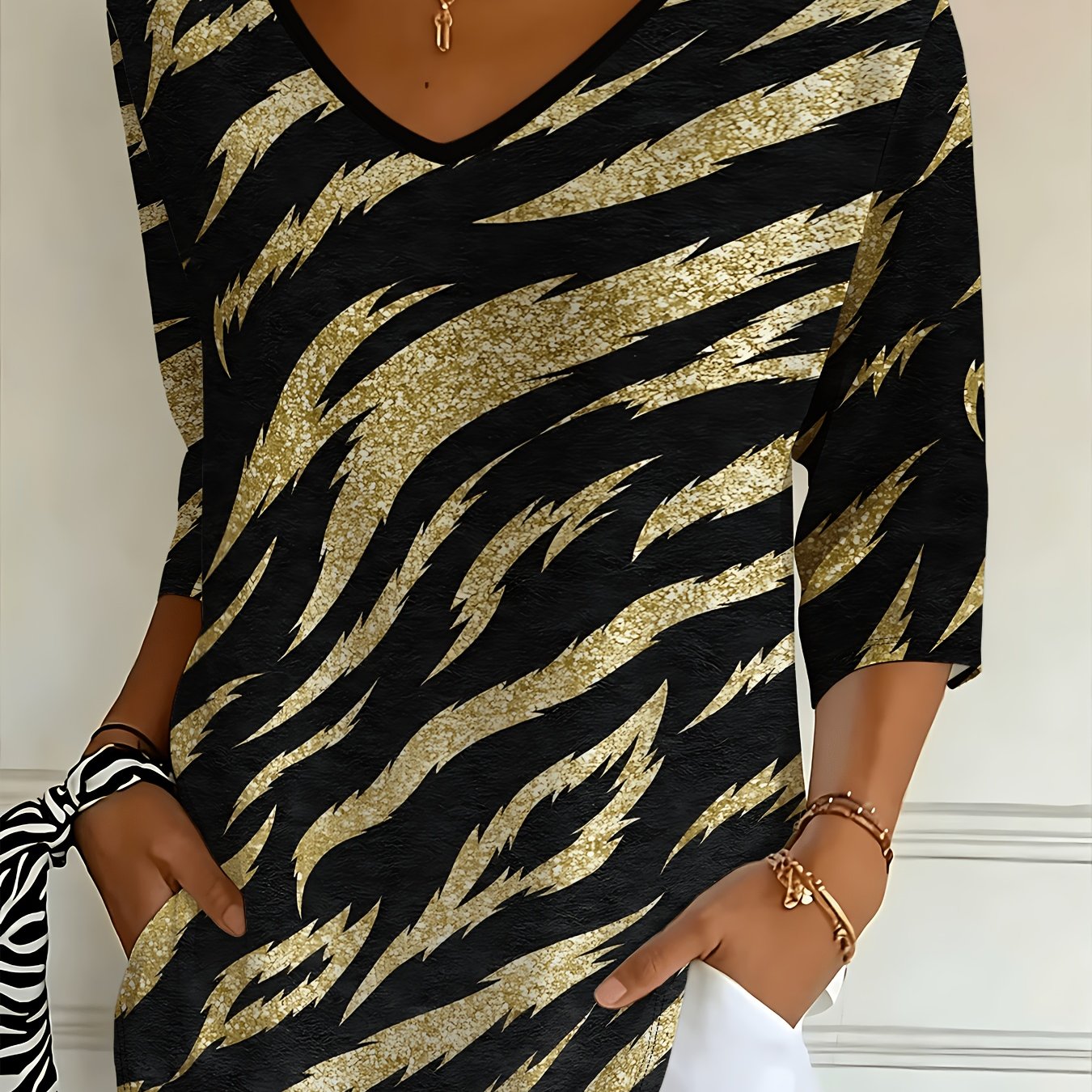 TEMU Black Background Print Full Print Essential V-neck Three-quarter Sleeve Loose Top