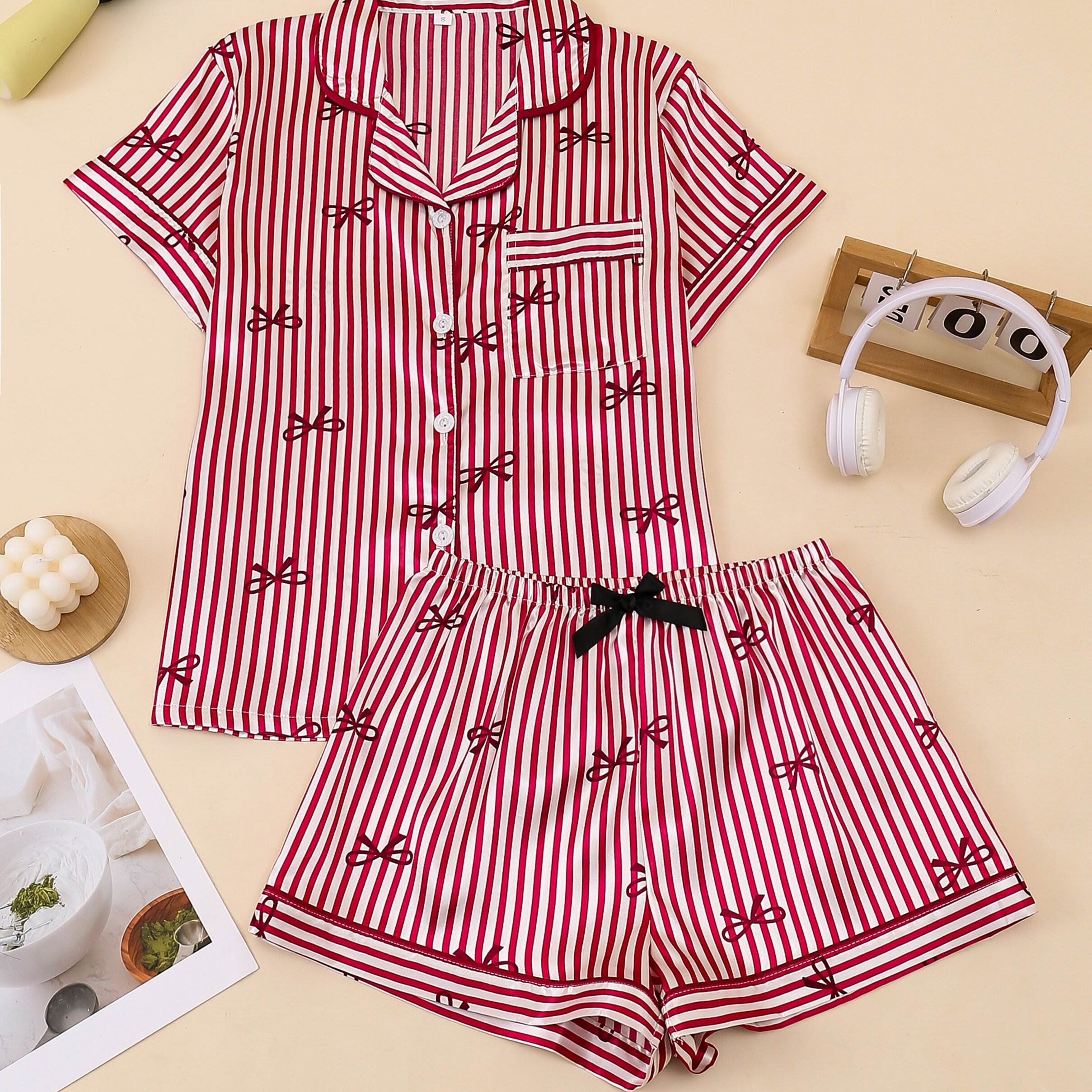 TEMU Women's Vintage Red Striped Bow 2pcs Pajama Set, Short Sleeve Cardigan And Elastic Waist Shorts, Comfortable Sleepwear And Casual Loungewear For