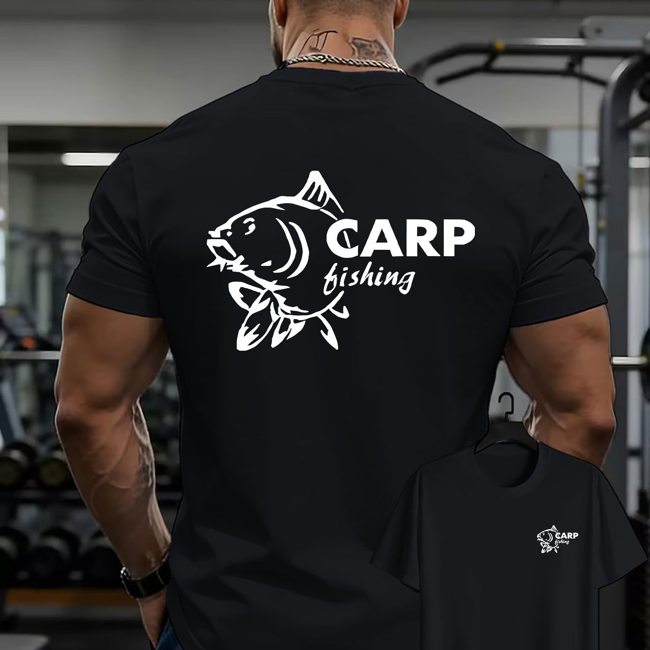 TEMU Men's Carp Fishing T-shirt - Double-sided Print With Minimalist Art, Breathable Short Sleeve Round Neck Casual Top Suitable For Fishing