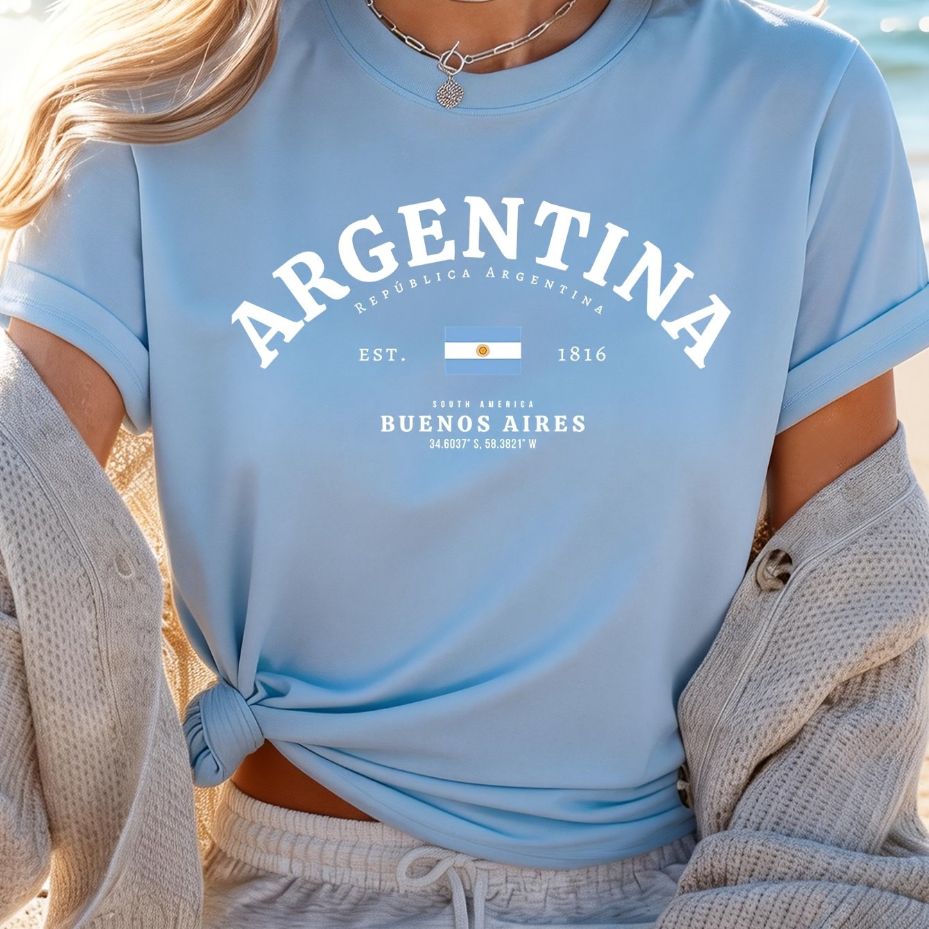 TEMU Vintage Commemorative T-shirt With Of Argentina Theme For Travel And Daily Casual Wear, Round Neck Women's Casual Top