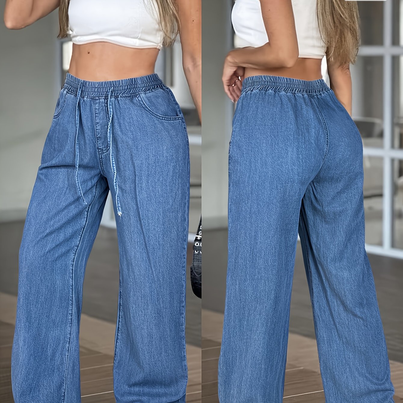 Image of Women's Fashion Thin Denim Fabric Flowing Trousers, Versatile Loose Fit Casual Jeans, Elastic Waist Drawstring Style, Casual Wear Women's Jeans And Appareldenim