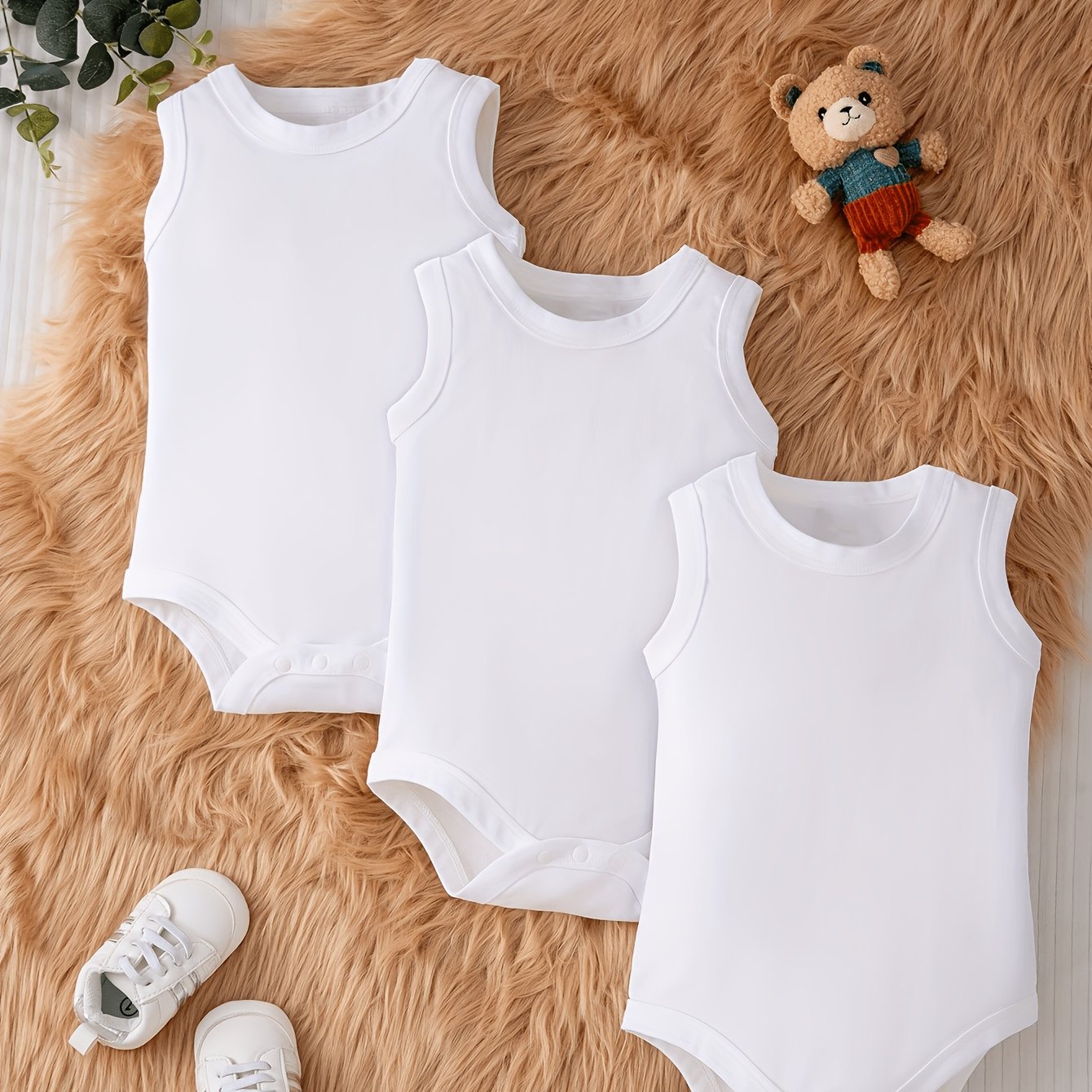 Image of 3pcs Summer Baby Boy Vest Triangle Romper, Baby Soft Comfortable Breathable Pure Round Neck Triangle Romper, Solid Easy Baby Clothing, Baby Summer Perfect Gift, For Outdoor
