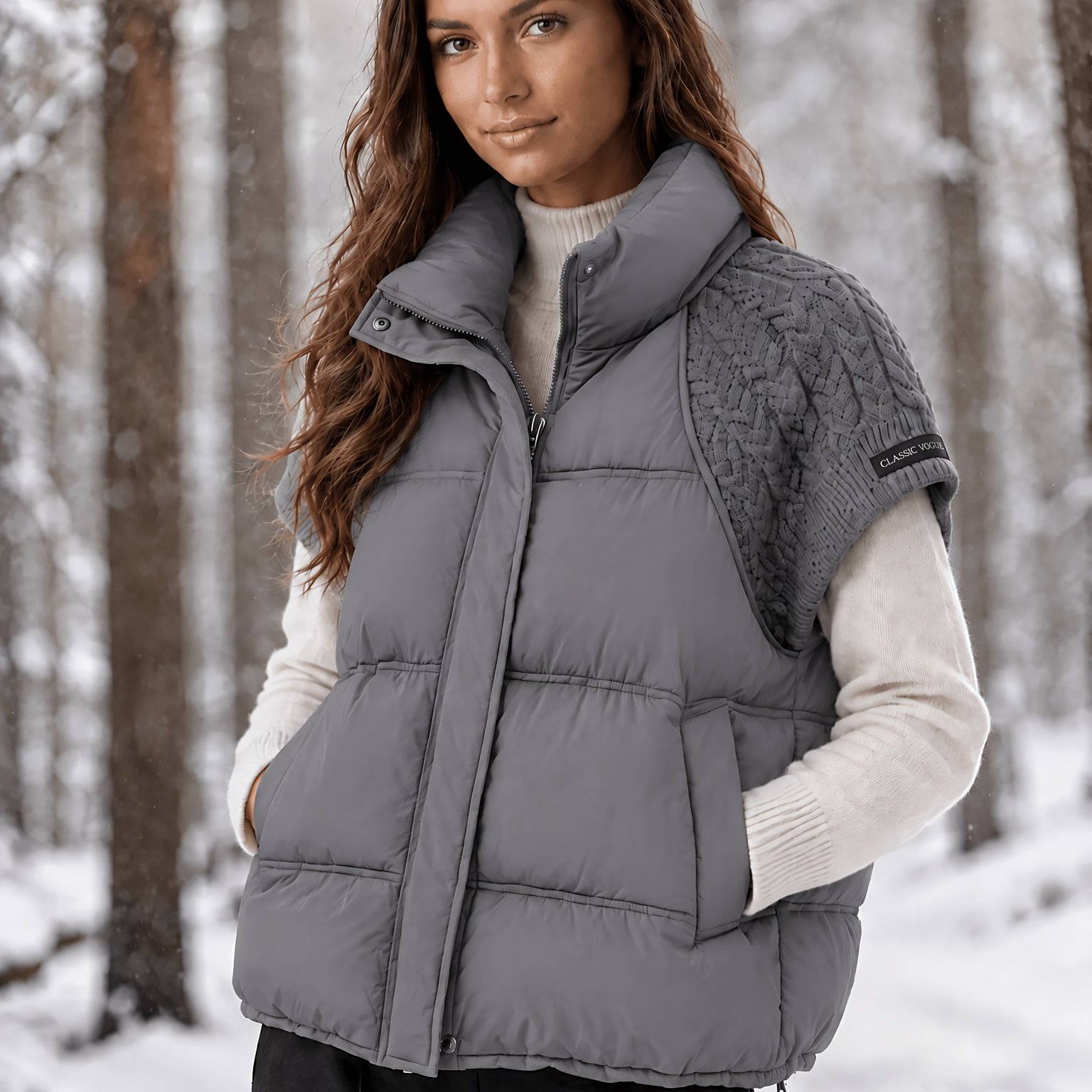 TEMU Autumn Winter New Women's Stand Collar Vest Short Sleeve Jacquard Quilted Vest Zipper Loose Cape Lightweight Warm With Pockets Fashionable Short