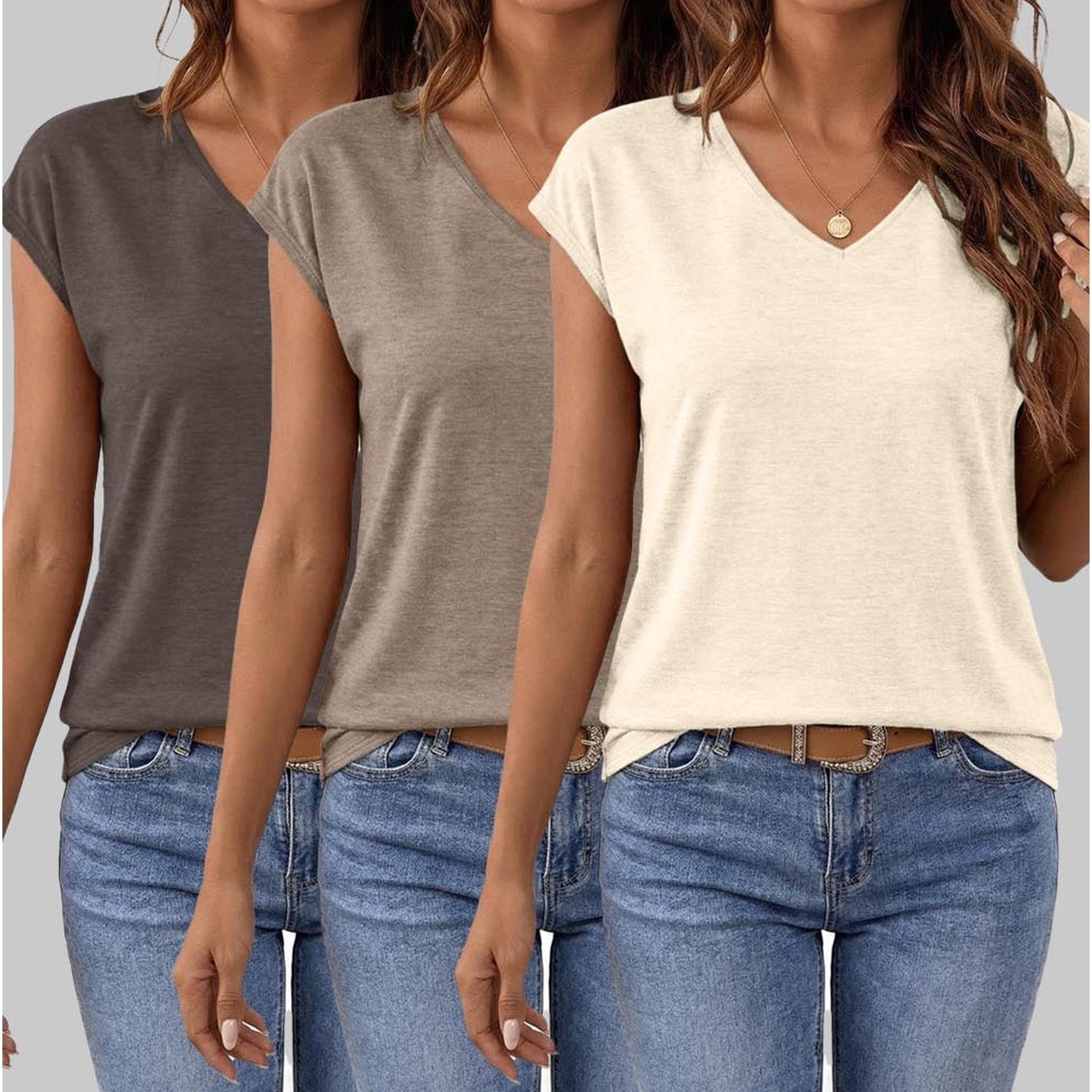 TEMU Plus Size, 3pcs Set, Women's Fashionable /summer Style, , Solid Color Unprinted V-neck Short-sleeve T-shirt For Women, Loose-fitting Casual Top