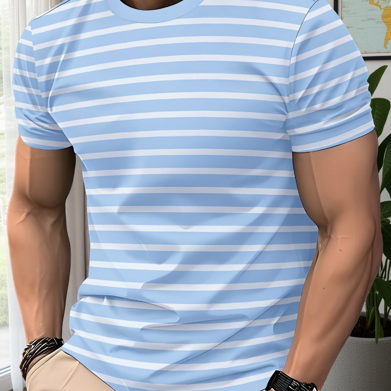 TEMU Light Blue And White Striped Men's T-shirt, Fresh Nautical Design, Round Neck Slim Fit, Easy And Versatile, Suitable For Daily And Casual Wear,