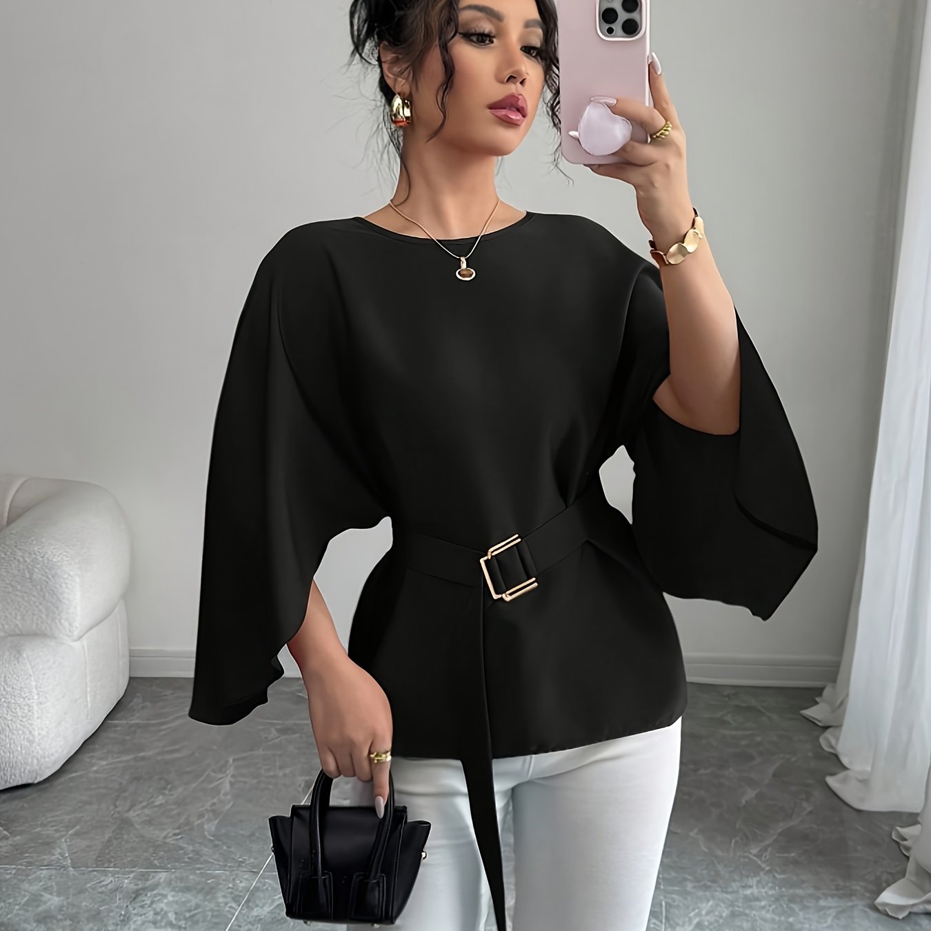 TEMU Women's French Round Neck Flowy Sleeve Self-tie Waist Sparkling Blouse, Spring Summer Fall Winter Versatile Top
