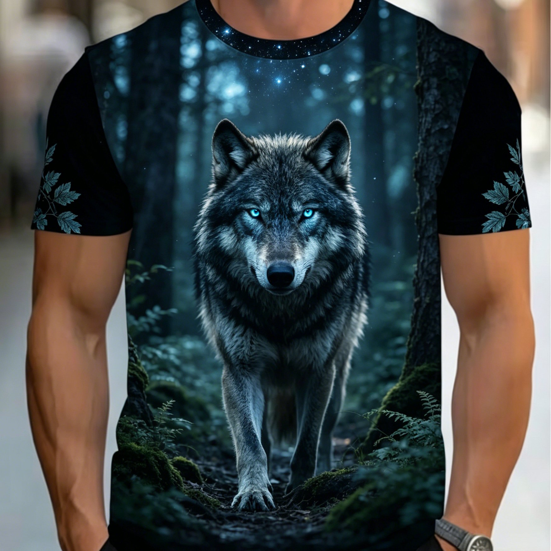 TEMU [print Design - Not Textured] Forest Wolf Leaf Print Plus Size Men's Short Sleeve T-shirt, Oversized Loose Fit Round Neck Casual Summer Top