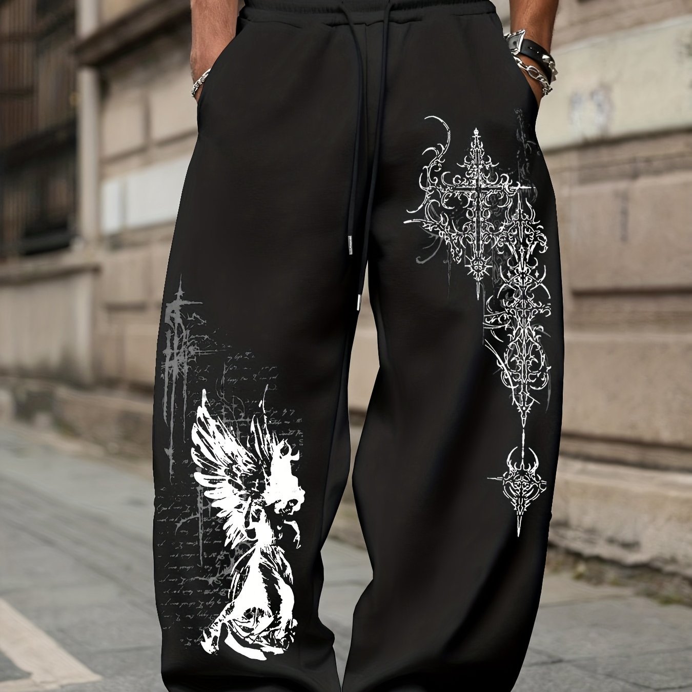 TEMU Men's Popular Gothic Pattern Casual Sports Pants, Featuring A Loose Elastic Hem, Made From Soft And Comfortable Fabric, Ideal For Everyday Wear