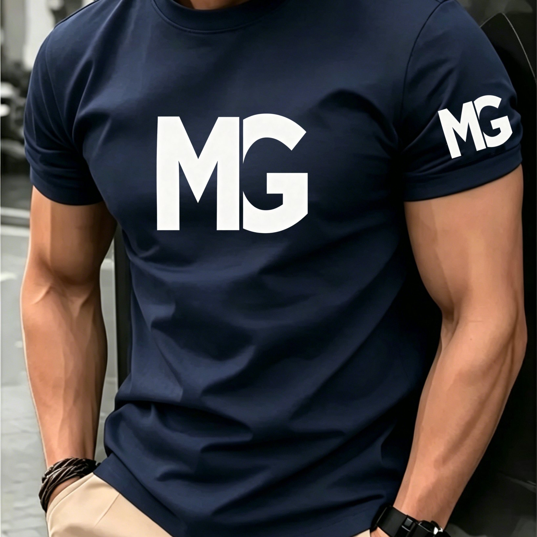 TEMU For Mg Print T-shirt For - Quick-dry Breathable Crew Neck Tee With Mg Lettering, Casual Regular Fit Unisex Streetwear Suitable For Sports, Gym,