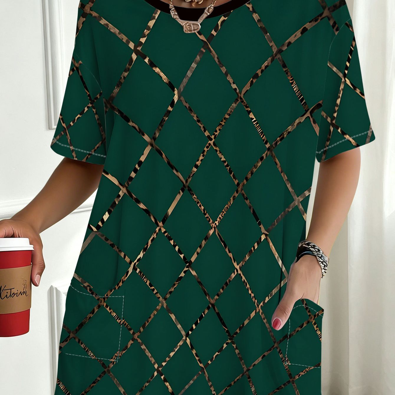 TEMU Women's Large-size T-shirt With Pocket Design1pcs Loose Fit -shirt With Grid Pattern, Featuring , Ideal For Daily Commuting, Casual Gatherings,