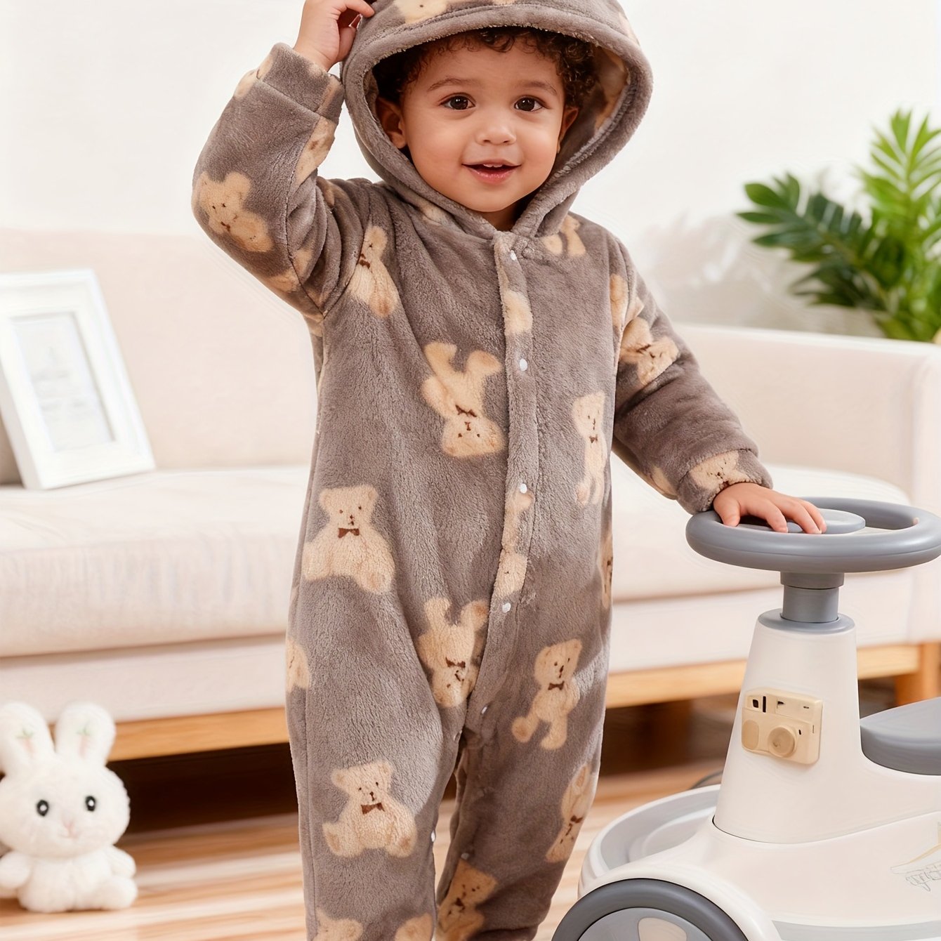 Image of Cute Cartoon 3d Bear Print Flannel Long-sleeve Footed Onesie For Children, Autumn/winter, Perfect For Outdoor
