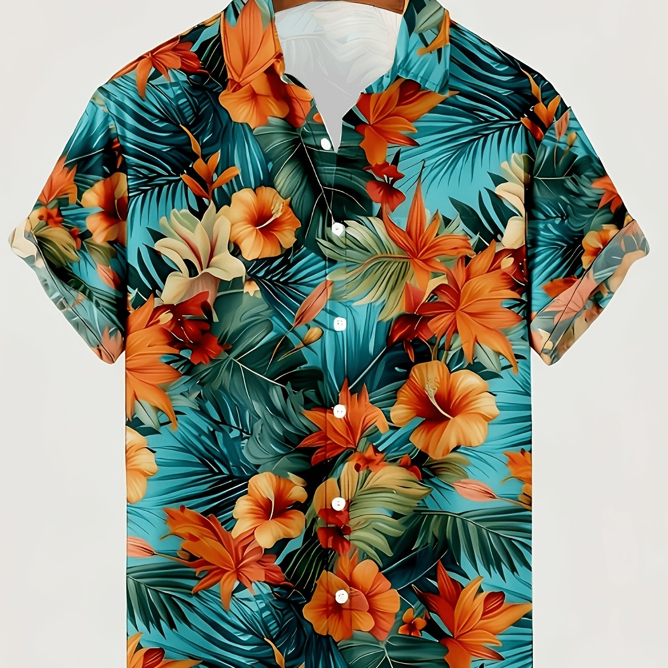 TEMU Men's Hawaiian Print Short Sleeve Shirt - Vibrant And Palm Leaf Pattern, Lightweight Breathable, Machine Washable, Turquoise Blue And Orange