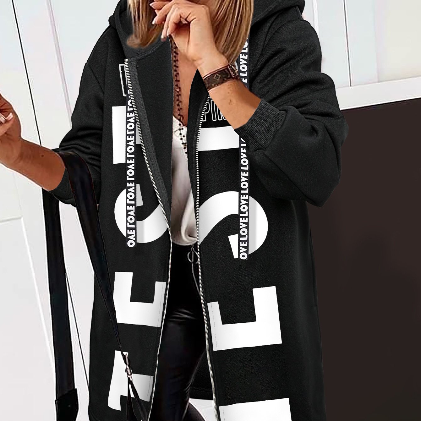 TEMU Casual Fashion Hooded Jacket With Pockets | Women's Long Sleeve Zip-up Hoodie With Large Alphabet Print, Suitable For Fall/winter, Mid-length