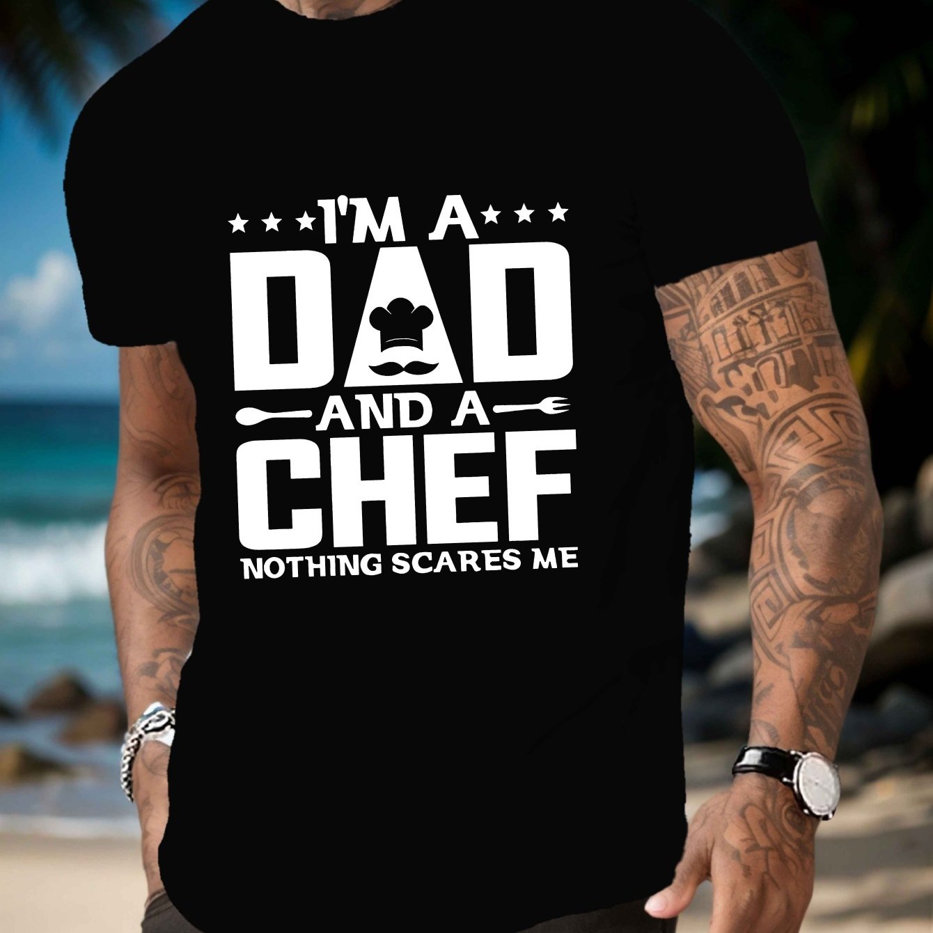 TEMU Funny "i'm A Dad And A Chef" Men's T-shirt - Humorous Dad Gift, Short Sleeve Round Neck Summer Top With Slogan, Machine Washable Casual Tee For