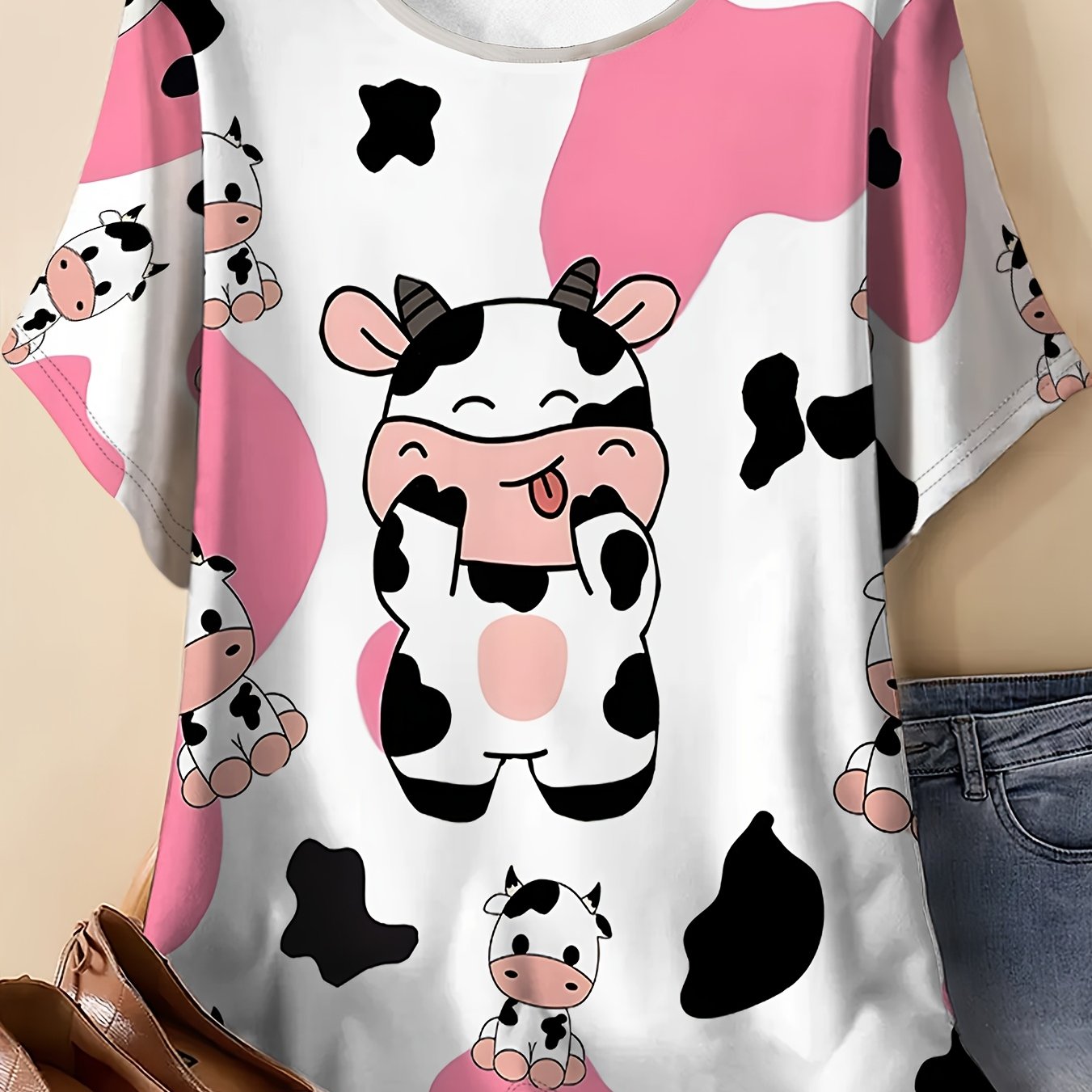 TEMU Pink And Black Cartoon Cow Print Short Sleeve Loose Size Crew Neck T-shirt, Cute Casual Versatile Women's Top