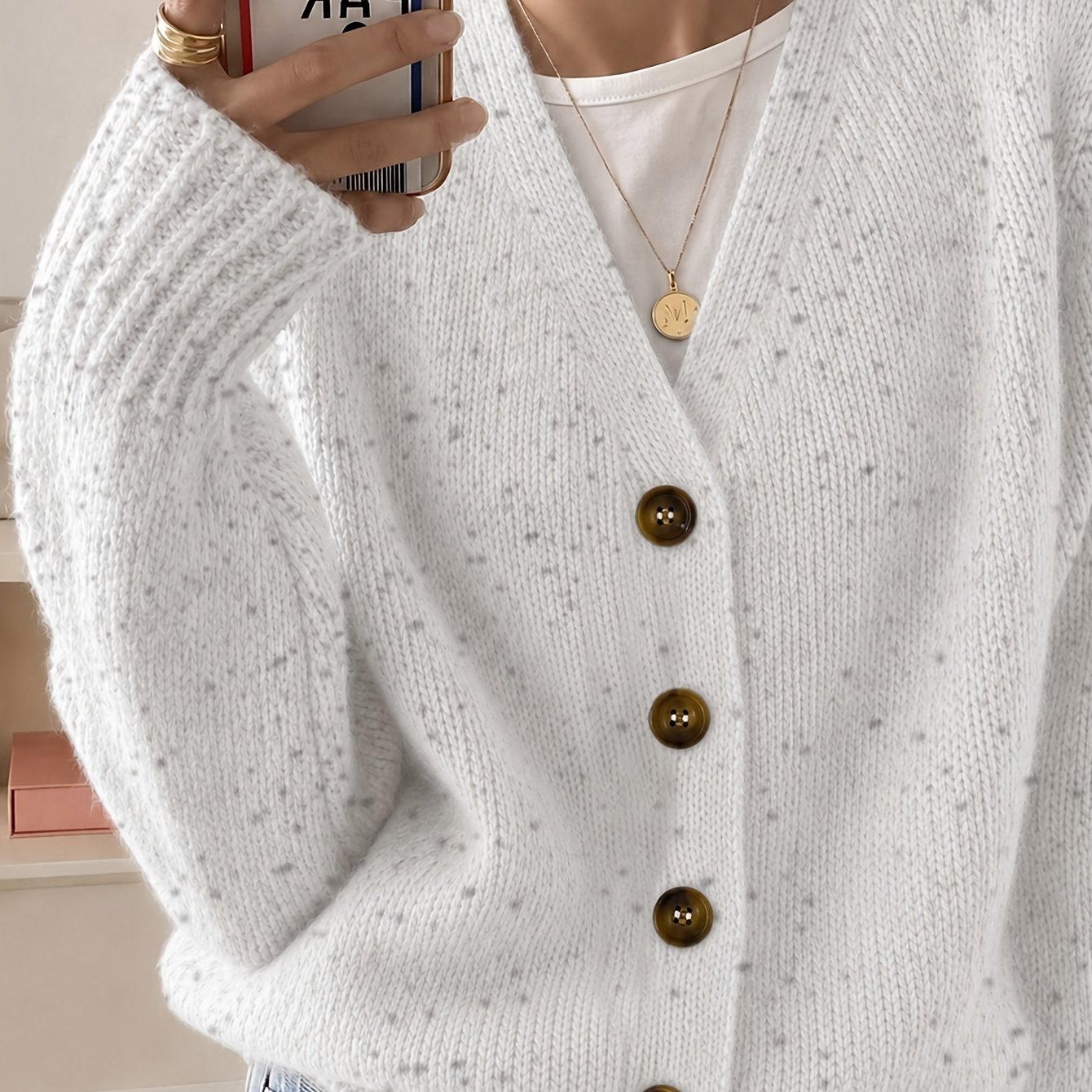 TEMU Women's Casual Polka Dot Button-front V-neck Cardigan, Soft Long Sleeve Round Neck Lightweight Fashion Candy Polka Dot Pattern, Stretchy Fabric