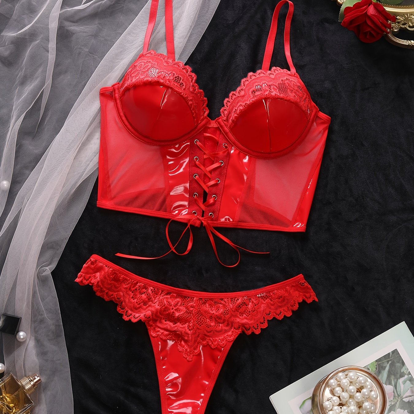 TEMU Women's Lace Lace-up Sexy Lingerie 2pcs Set