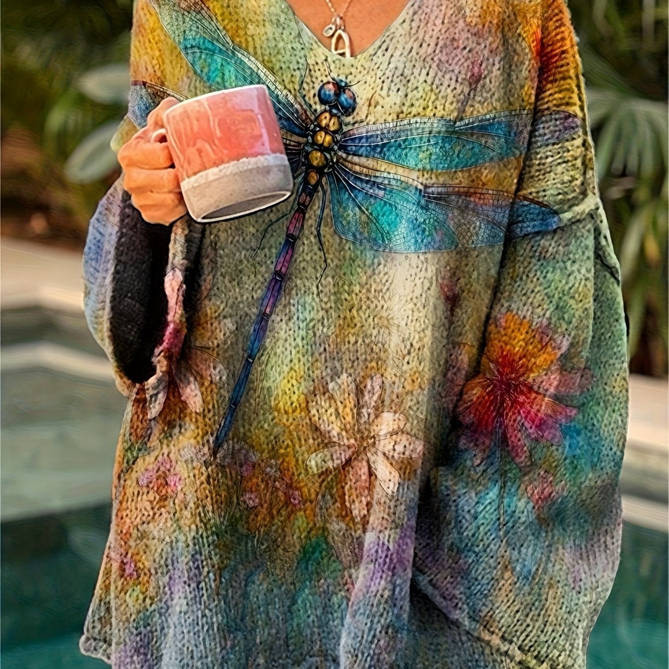 TEMU Plus Size, Women' Size Oversized V-neck Dragonfly Floral Gradient Sweater - Loose Fit Pullover Sweater Suitable For Autumn Winter Warm Winter Wear, Large Size Blouse