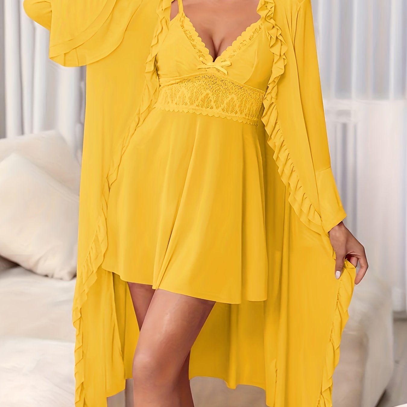 Lace Mesh Pajama Set Flare Sleeve Ruffle Robe Contrast Lace - Temu