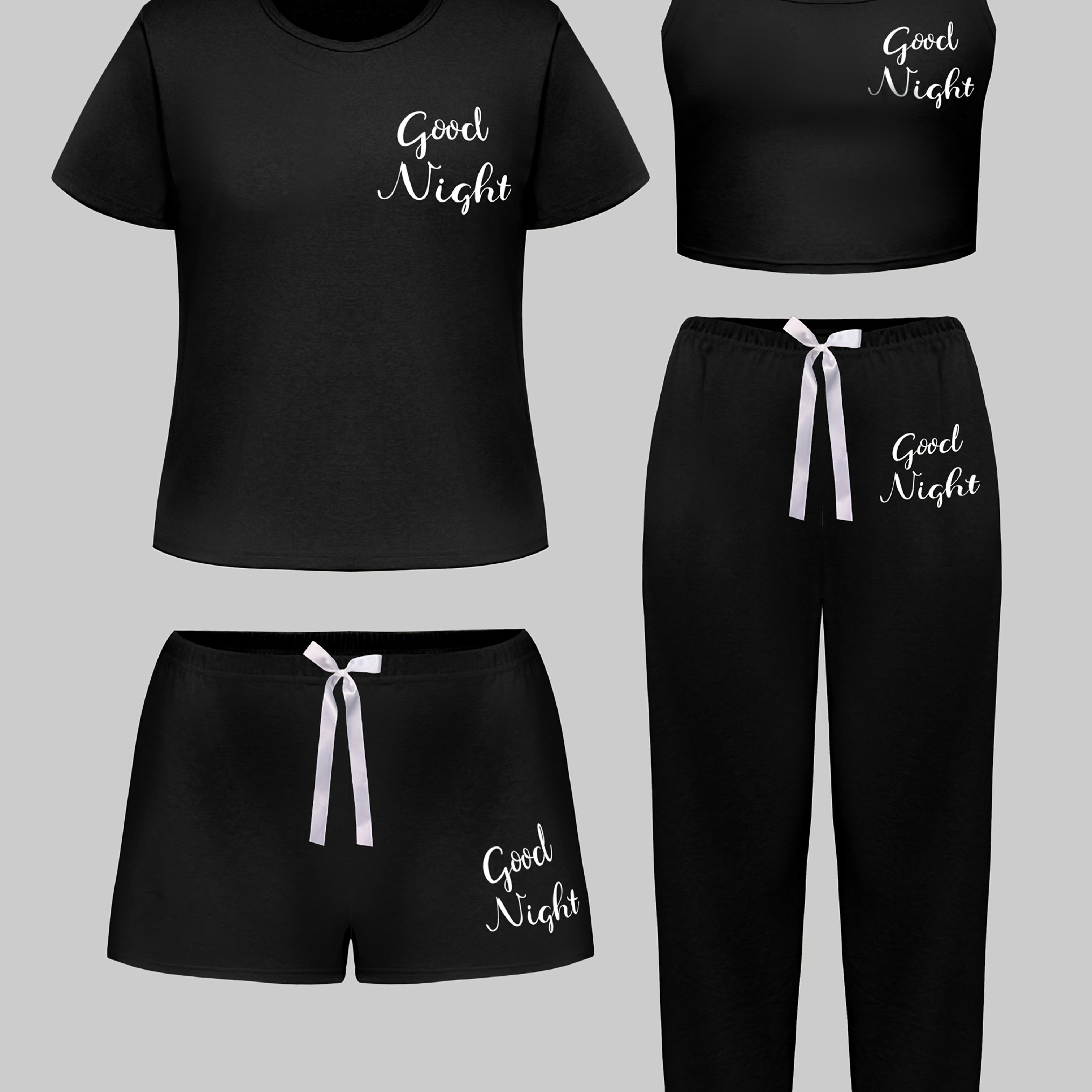 Image of Women's Plus Size Pajama Set 4pcs Short Sleeve Short Shorts Vest Long Pants Wear Multi-piece Set With Letter Print