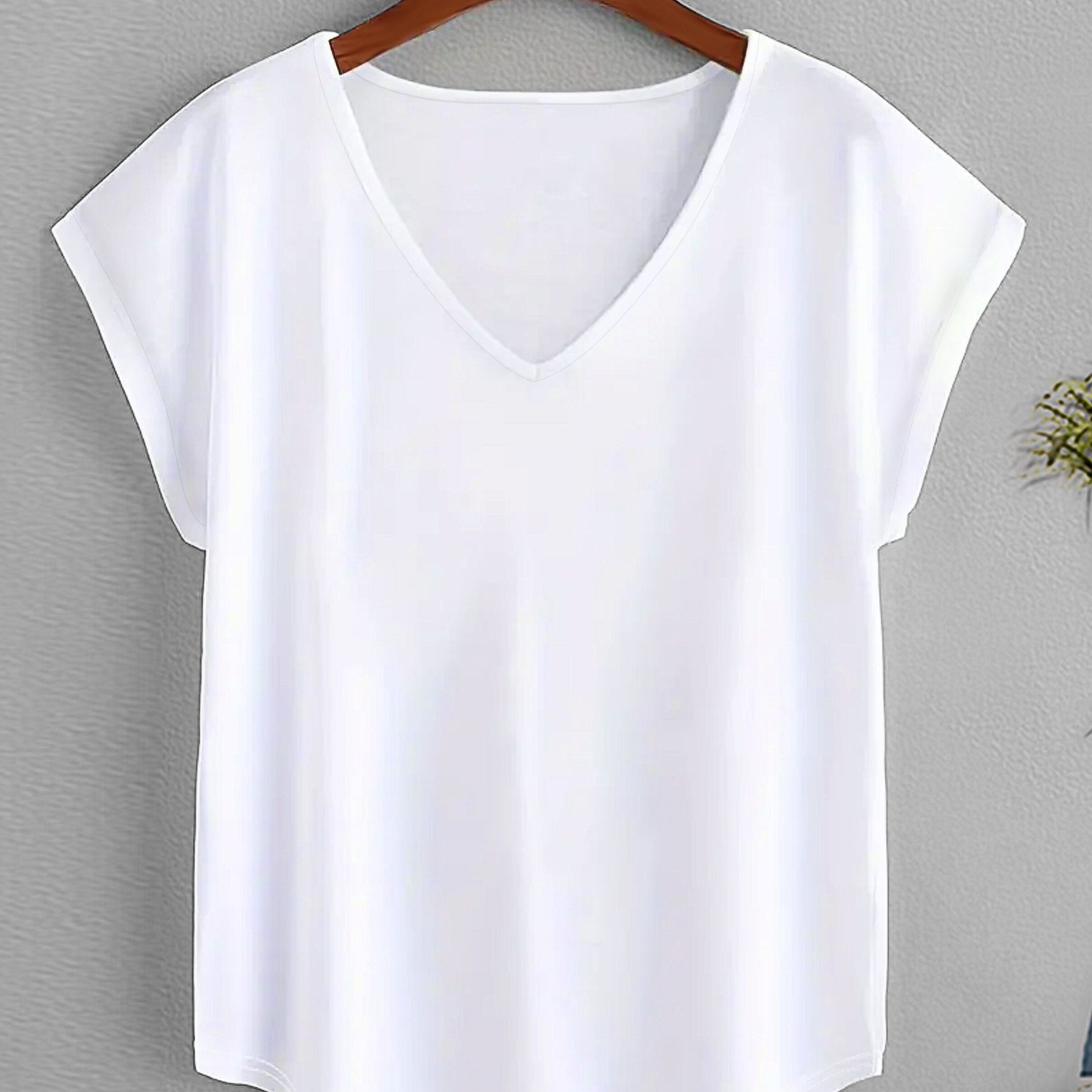 TEMU Solid Color V Neck T-shirt, Casual Short Sleeve T-shirt For Spring & Summer, Women's Clothing